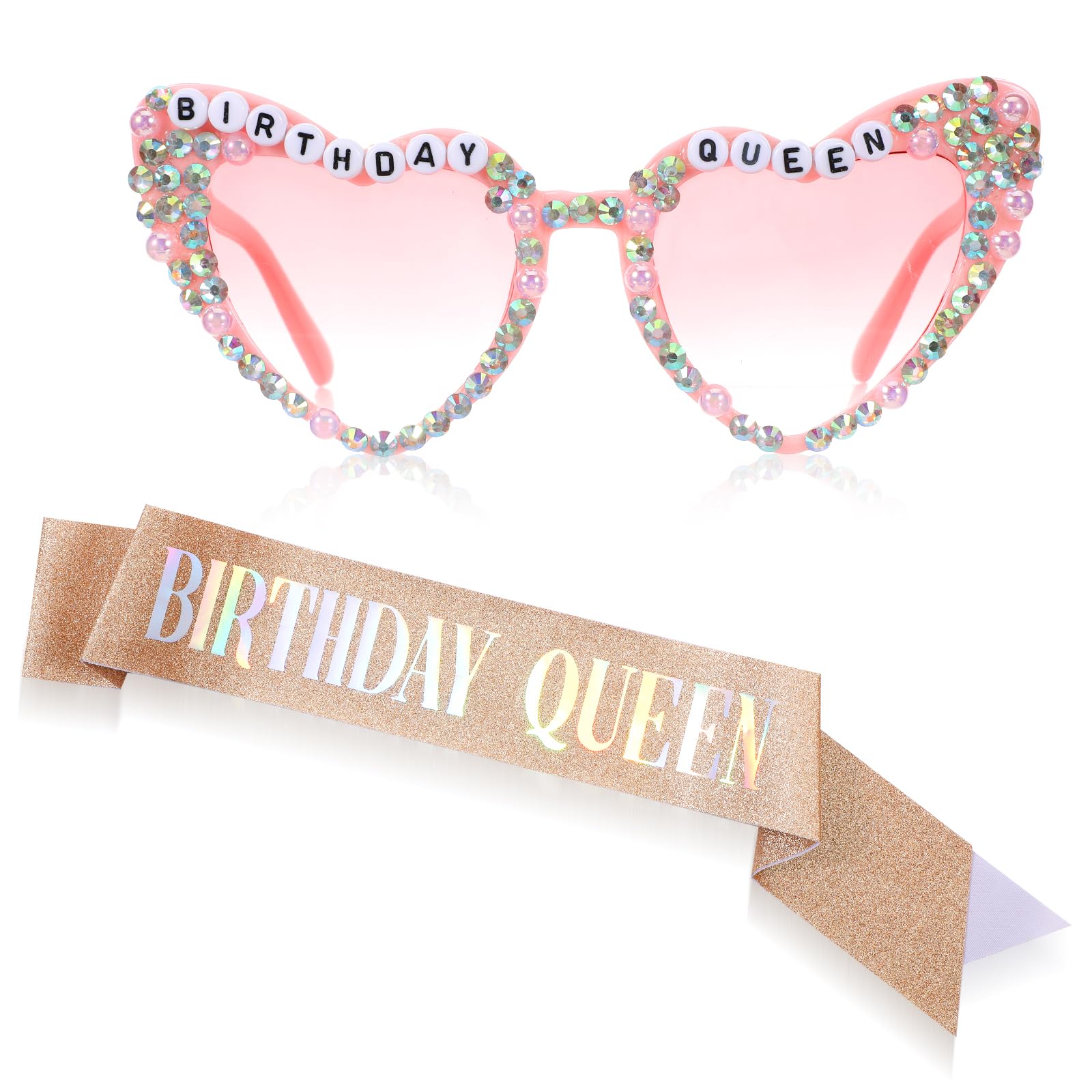 Yuanan Rose Gold Birthday Queen Sash for Women, Birthday Queen Sash with Glasses, Birth Day Decorations for Party Favors
