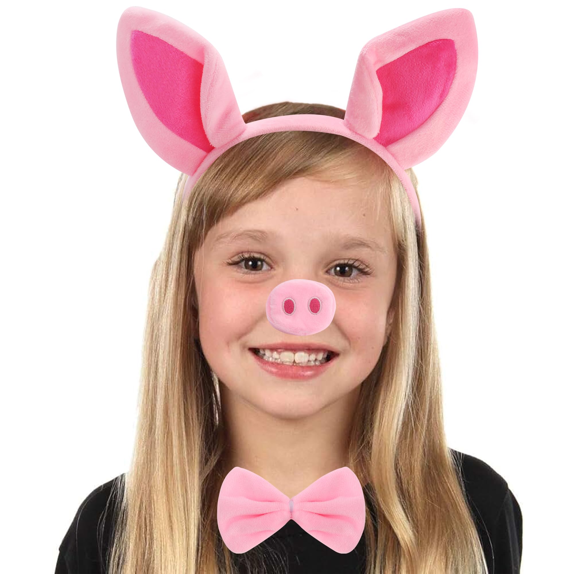 Exacoo Pink Pig Costume Set Fuzzy Pig Ears Headband Piggy Nose Tail Tutu Skirt Bowtie Kit Animal Circus Costumes Dress Up Halloween Cosplay Decoration Cute Piglet Outfit