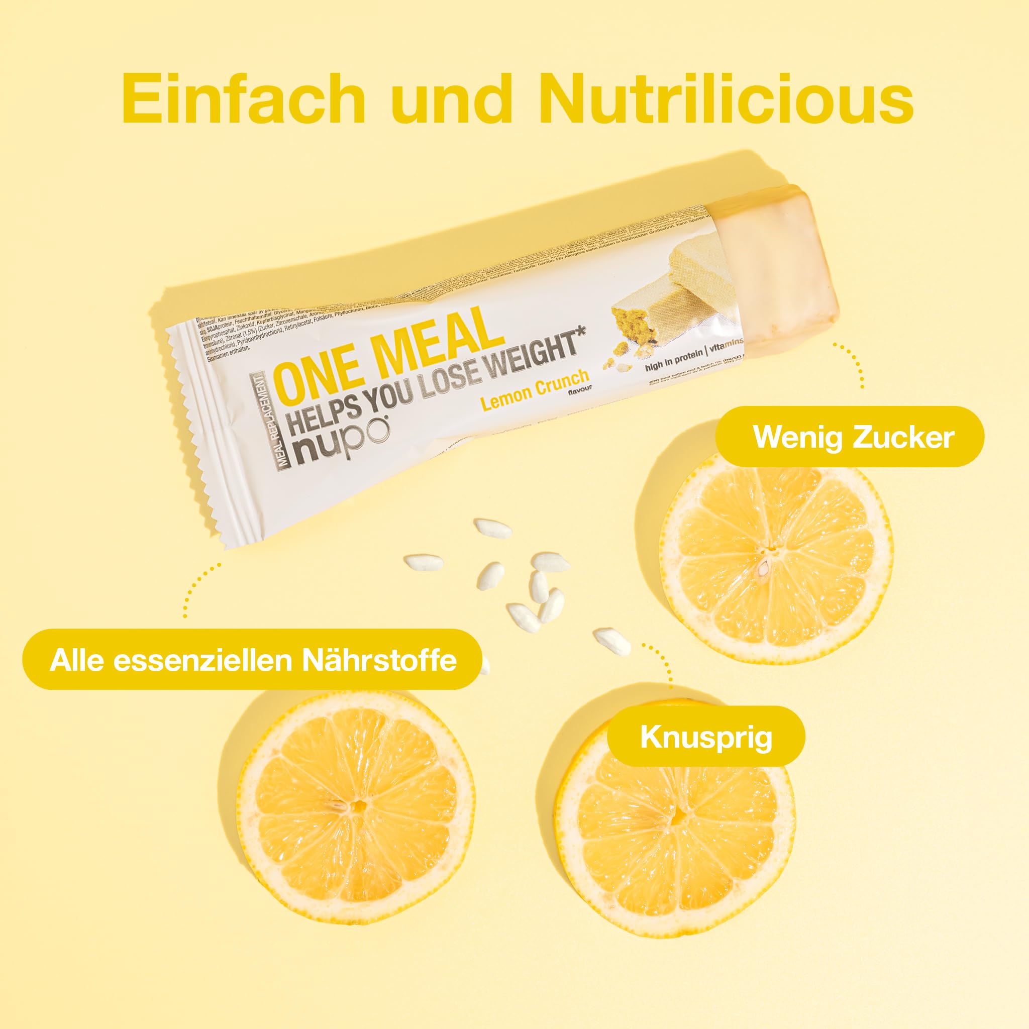 NUPO One Meal Bar - Lemon Crunch (15 x 60g) I Leckerer High Protein Riegel zum Abnehmen | Mahlzeitenersatz Protein Bar Low Sugar I Kalorienarme Snacks mit Nährstoffen Vitaminen und Mineralien
