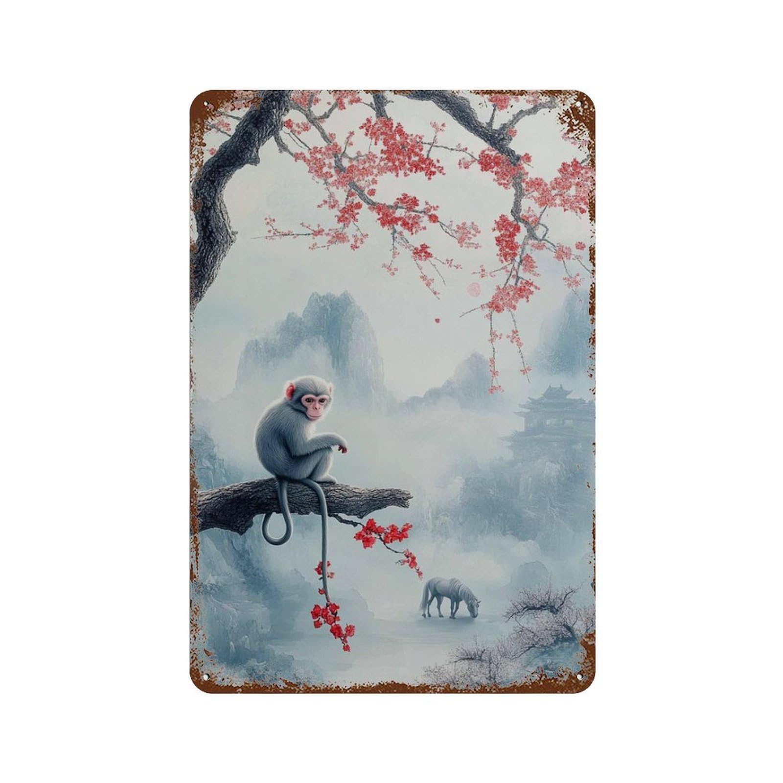 xiaoxiaoshen Monkey And Cherry Blossoms Oriental Landscape Misty Mountain Nature Wall Decor Art Metal Tin Poster Modern Home Decor Art Home Bar Shop Decorations Vintage Sign 30x20cm