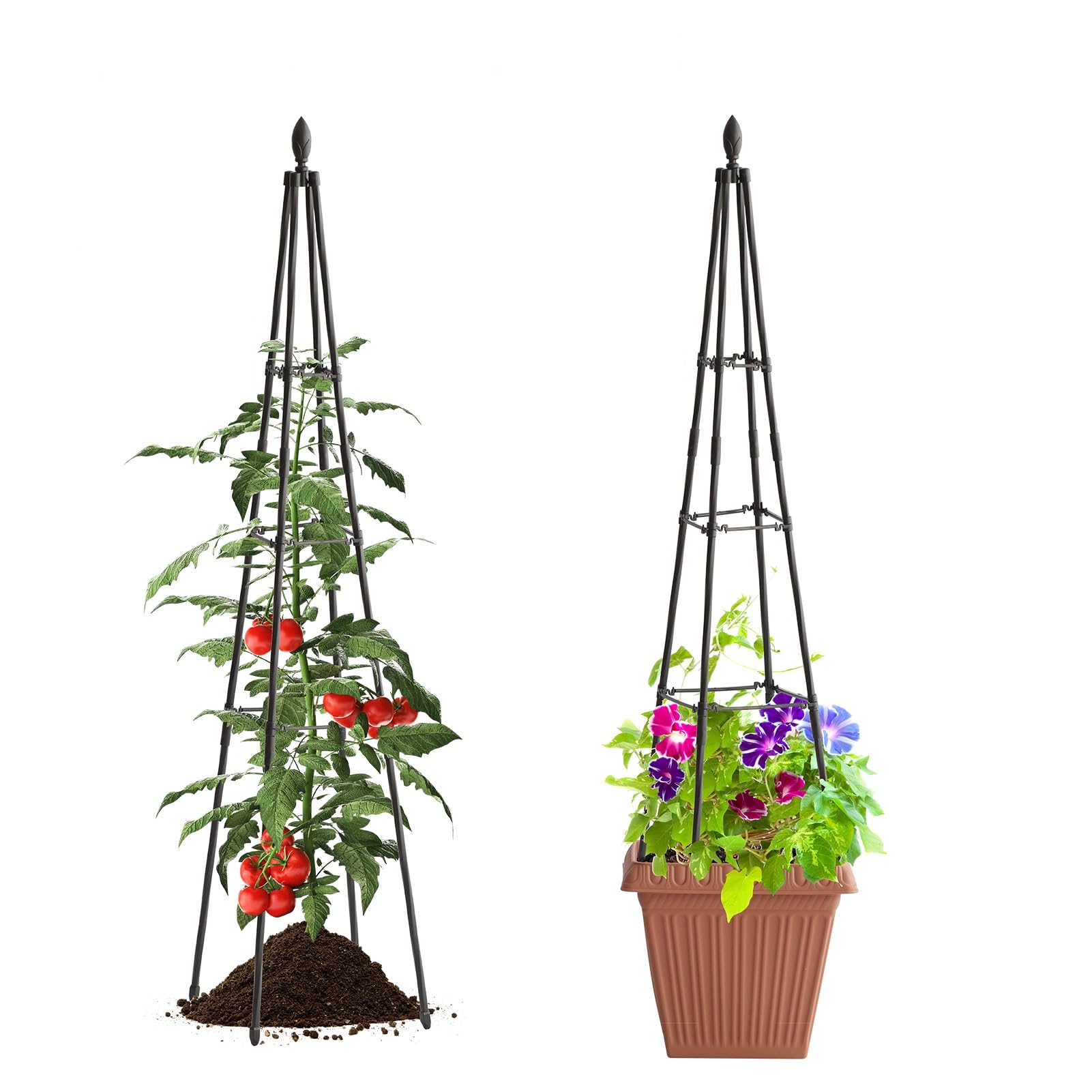 Garden Trellis for Climbing Plants Outdoor, 4ft Tall Plant Trellis with 3-Tier Adjustable Stake Arms for Climbing Vines Vegetables Flowers, Obelisk, 2 Pack, Black