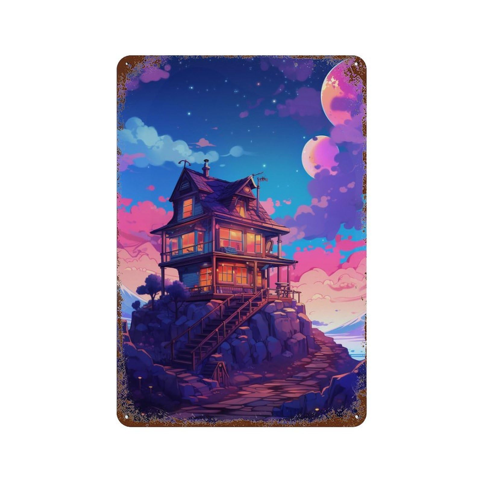 Magical Moonlit Cottage Distressed Metal Wall Sign 11.8"x7.9", Ideal for Patio, Garden Room And Bar Decor