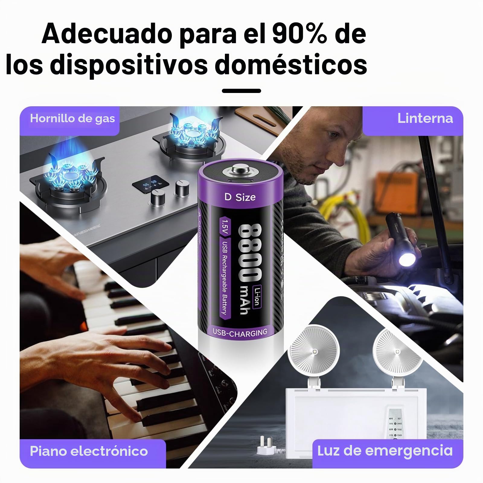 1,5V Baterías Litio USB-C D LR20 8800mAh Batería Carga Rápida Tipo-C Baterías con Cable de Carga, Baja Autodescarga, con Luz de Carga, 1500+ Ciclos, Paquete de 6 Baterías D