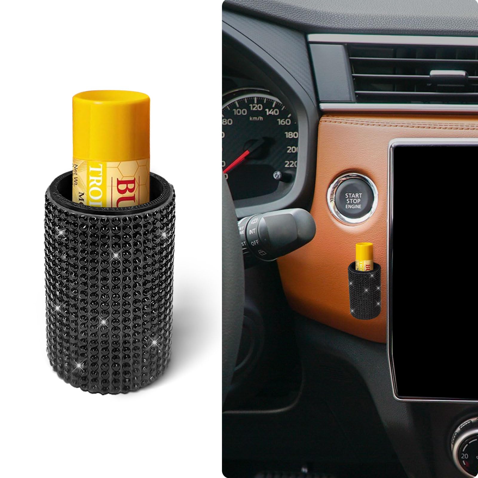 1 Pack Upright Car Chapstick Holder Bling Insulating Lip Balm Holder Rhinestone Car Accessories for Women Interior Suitable