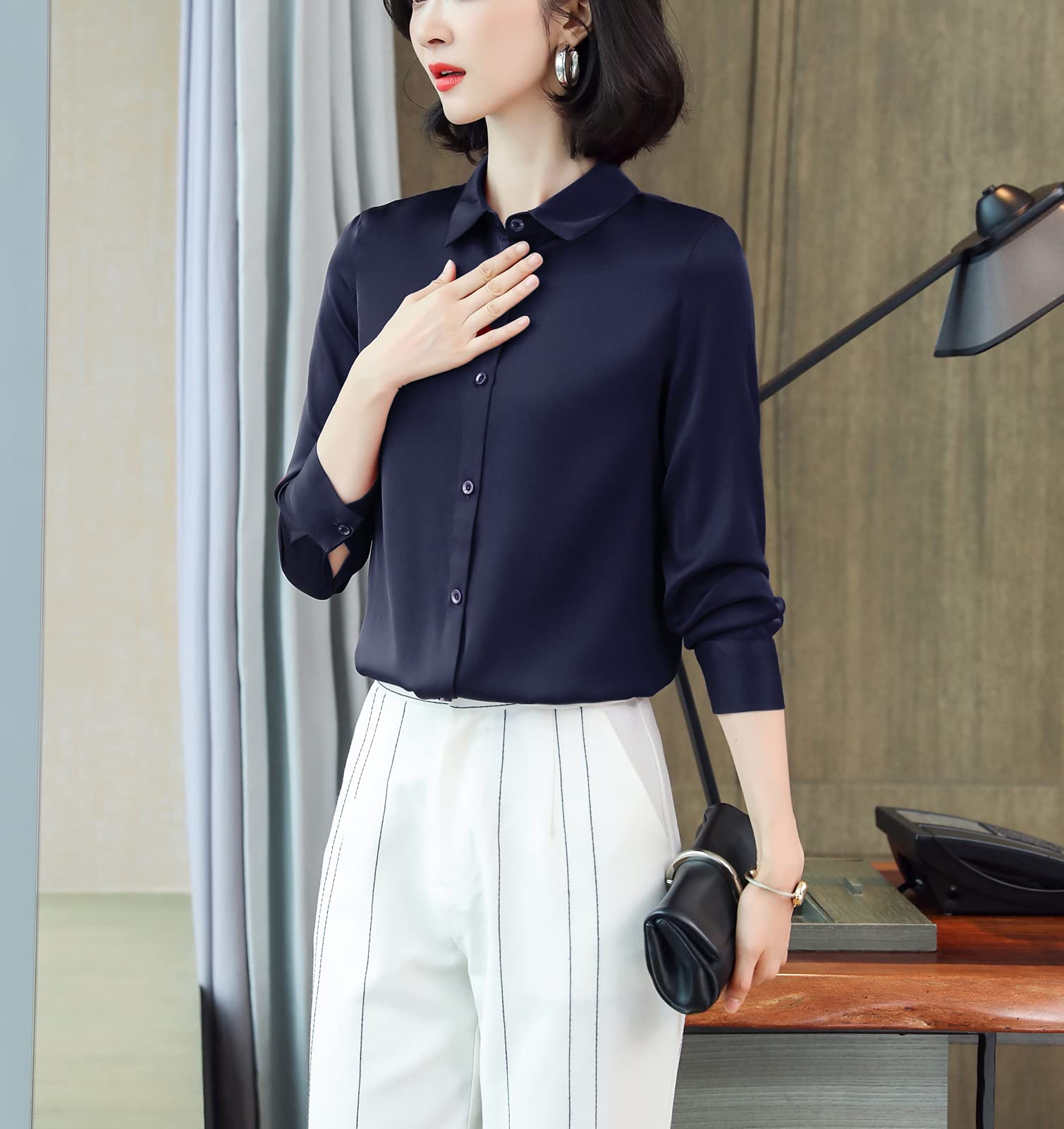 E-girl Blusa de seda para mujer, camisa de seda sólida, con botones, blusa de manga larga, solapa de seda, S3367