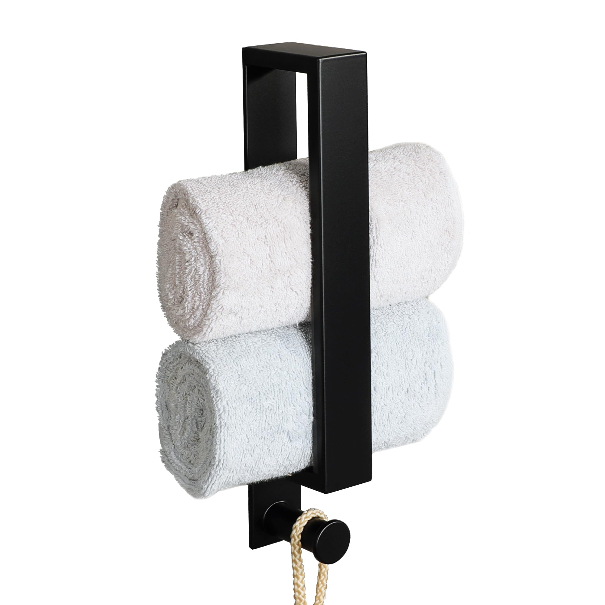 SAYAYO Black Towel Rail with a Hook Self Adhesive Towel Holder Wall Mounted 30CM/12-Inch, SUS304 Stainless Steel Towel Ring for Bathroom Kitchen