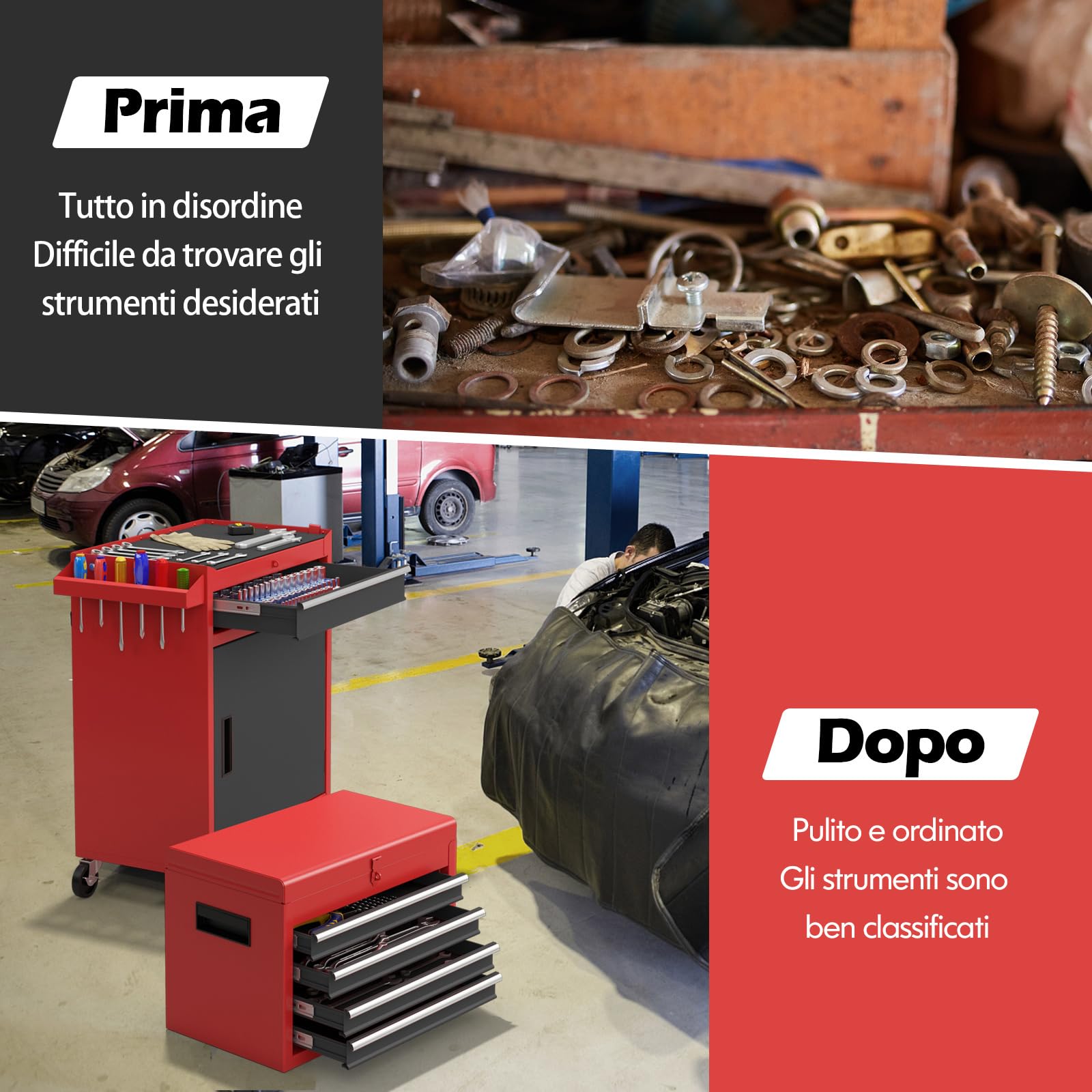 COSTWAY Cassettiera Portautensili a 4 Cassetti, Carrello per Attrezzi con Ruote Bloccabili Ripiano Regolabile e Rivestimento Antiscivolo, 59 x 28 x 102 cm (Nero + Rosso)