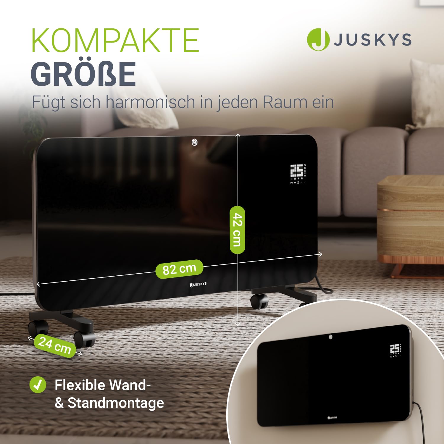 Juskys Glasheizung 2000W Glaskonvektor, Elektroheizung, App-Steuerung, LED-Display, Timer, Wand- & Standgerät mit Fernbedienung