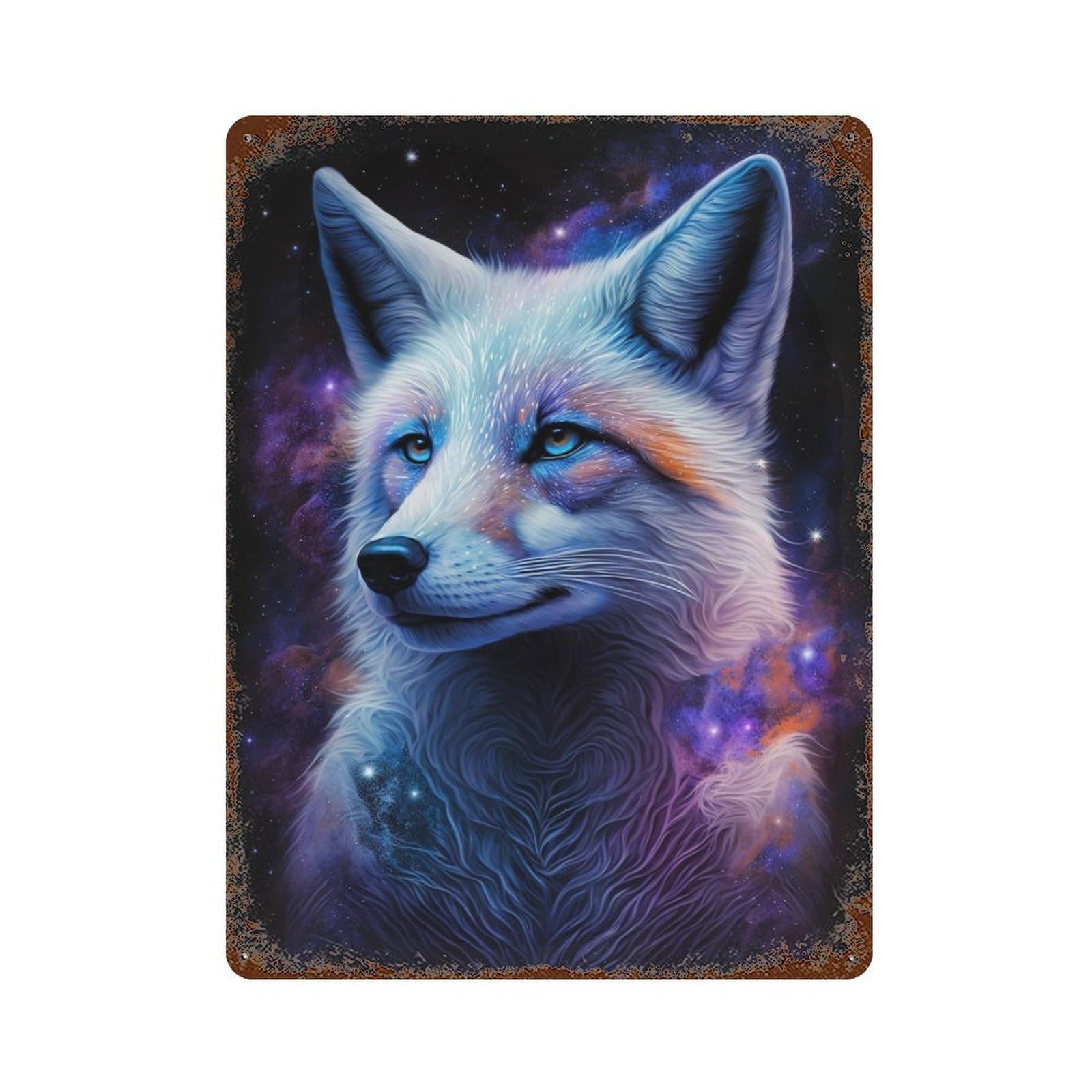 Rustic Tin Plaque Cosmic Fox Art Print-4 15.7"x11.8", Retro Wall Decor for Shed, Workshop And Garage Wall Decor