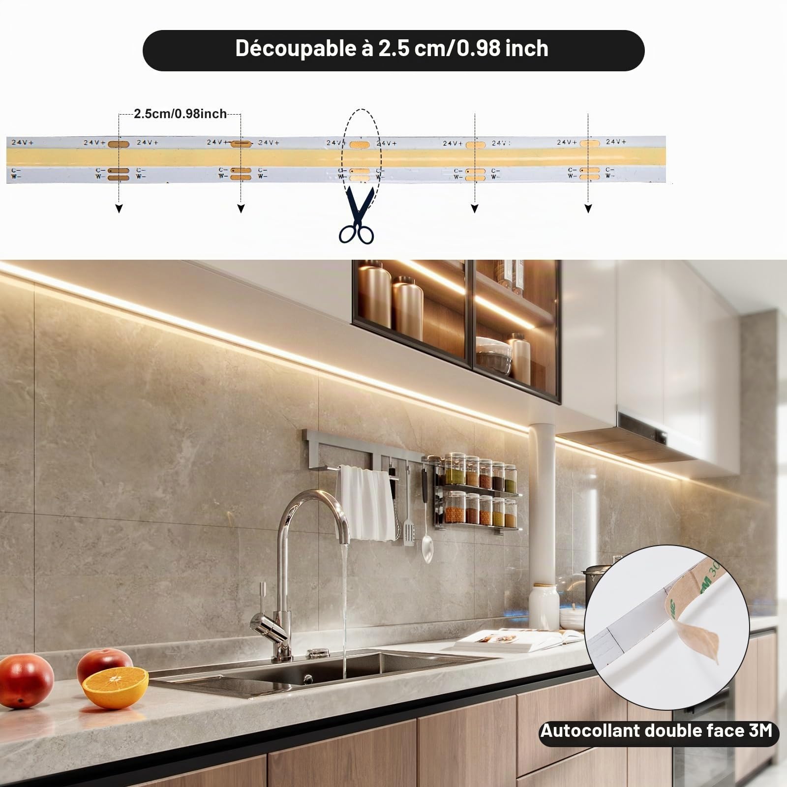 GIDEALED Kit de bande LED COB 5 m, CCT DC24V Dimmable 2700K-6500K Blanc chaud Blanc froid CW WW Bande LED Cob avec télécommande RF et application Bluetooth contrôlée pour l'éclairage ambiant DIY