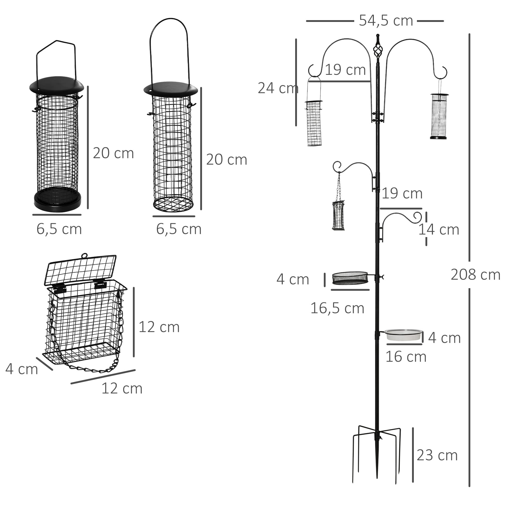 PawHut Station d'alimentation pour Oiseaux en Acier avec 4 Crochets, Mangeoir sur Pied 208H cm, Noir