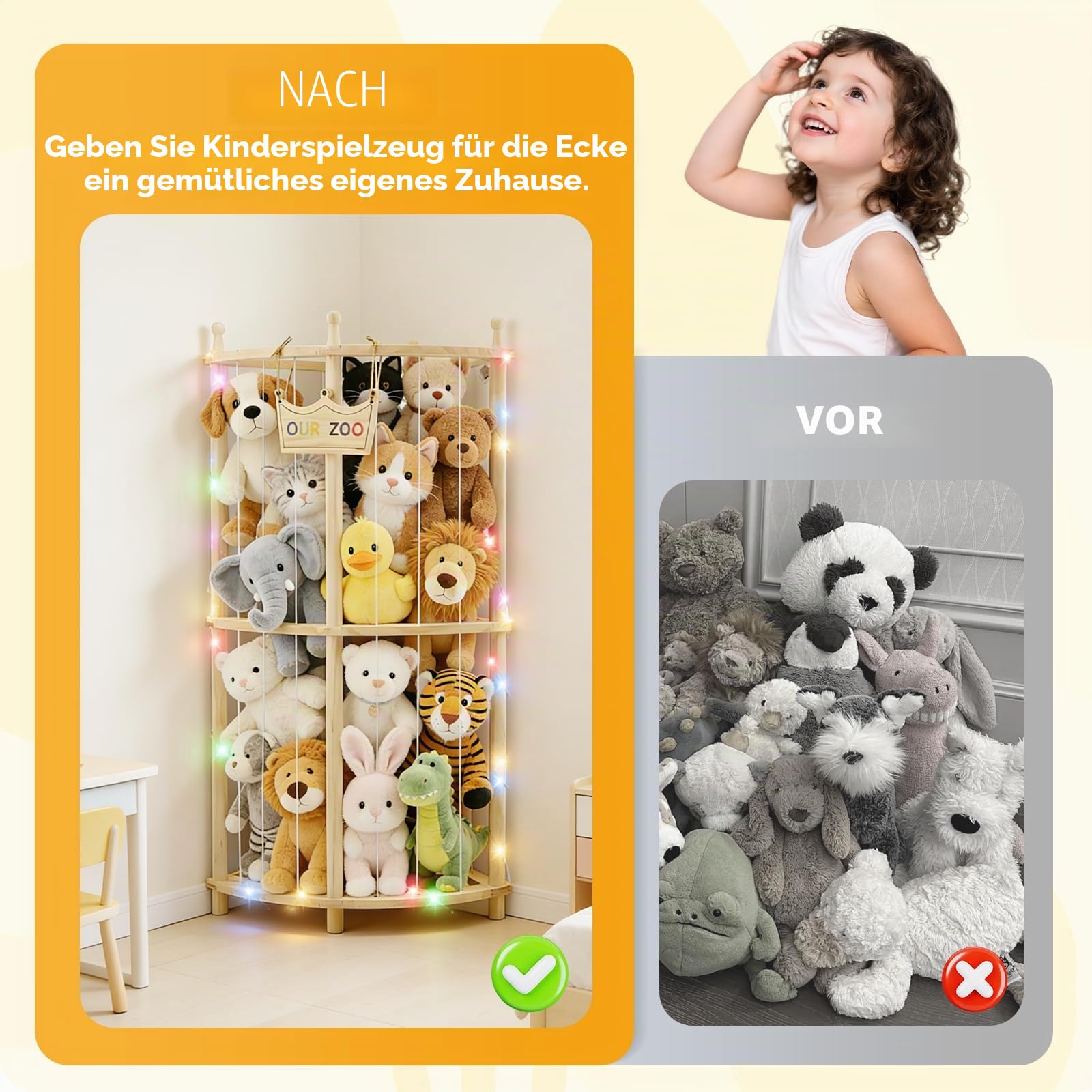 Ecke Holz Kuscheltier Aufbewahrung, FSC Robuste Stofftier mit Lichterkette, Stofftier Aufbewahrung für Spielzimmer Kinderzimmer Schlafzimmer Wohnzimmer 96 * 44cm