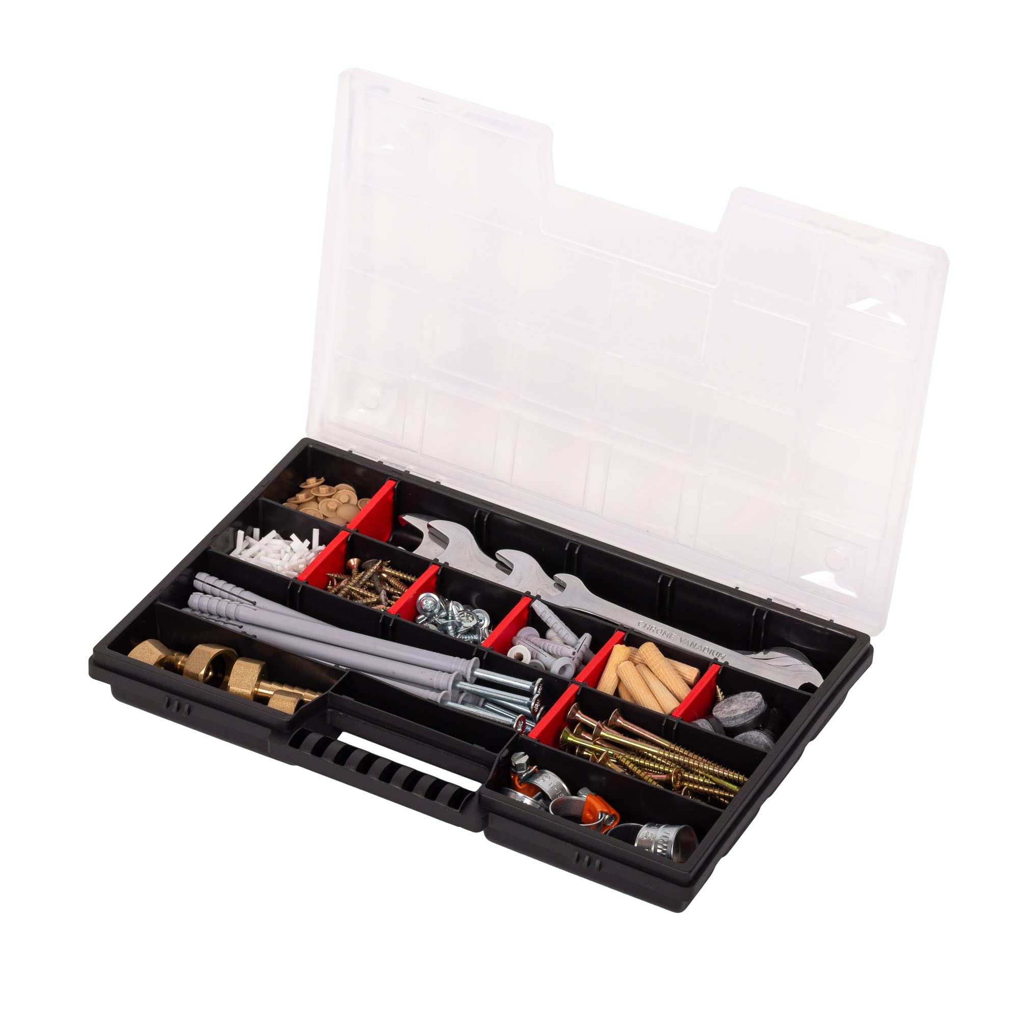 MIVOS Caja organizadora de 12 pulgadas para accesorios y piezas pequeñas - Caja de tornillos, surtida con 21 compartimentos para almacenamiento -290 x 195 x 35 mm