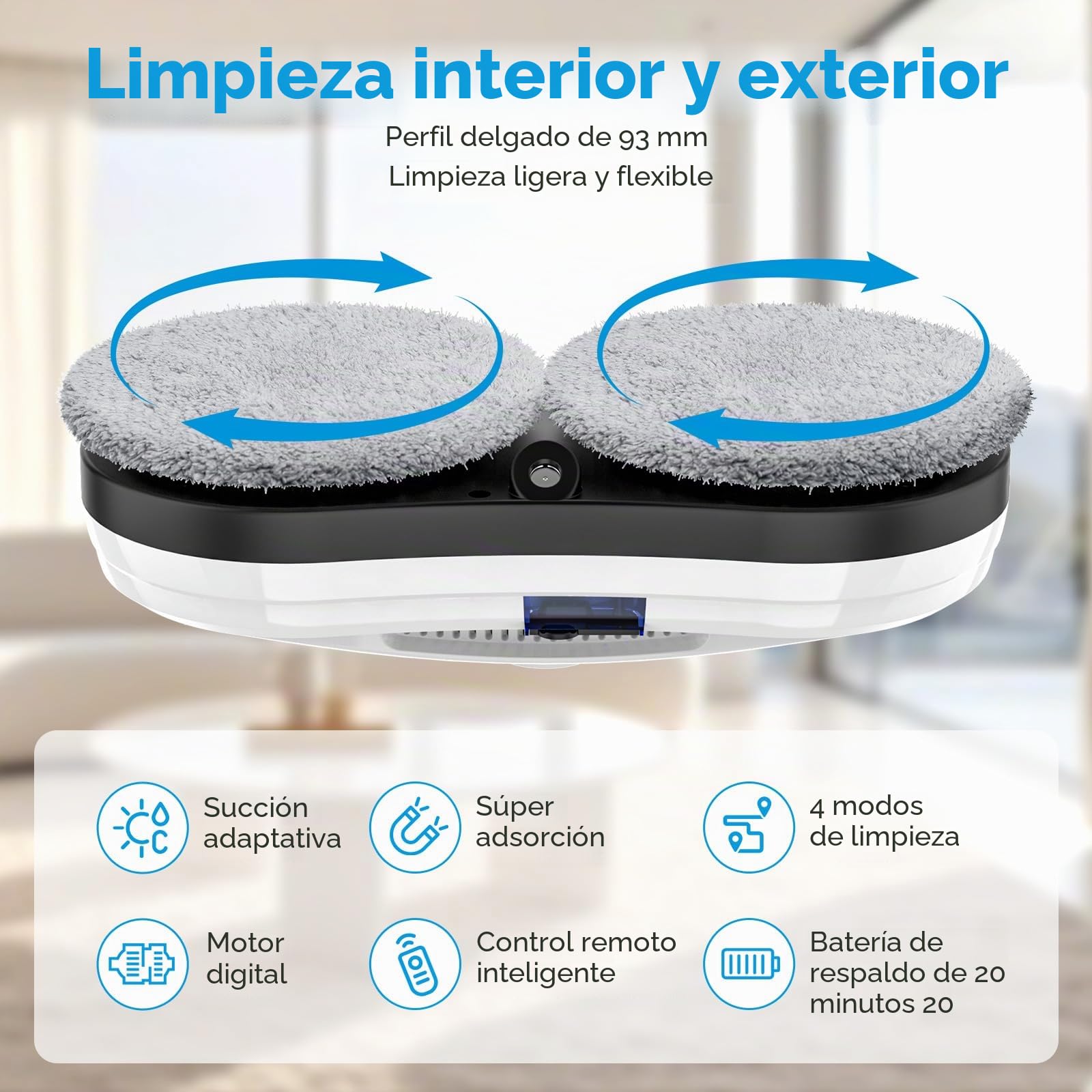 Eznaobo Robot Limpiador con Función de Pulverización 5600 Pa para Ventanas Interiores y Exteriores - Eléctrico con Mando a Distancia - 10 Trapos (Blanco)