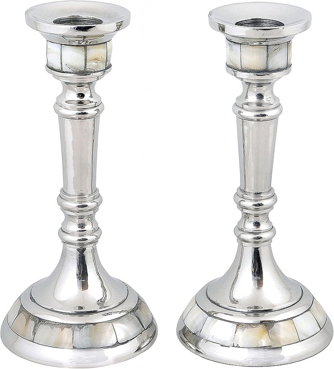 Zion Judaica Exquisite Pearl Inlay Shabbat Candle Holder Set 2 Aluminium Candlestick Holders with Stunning Natural Pearls Detailing 6.25" Candleholder Fits Shabbos 7/8" Candles Decorative Candelabra