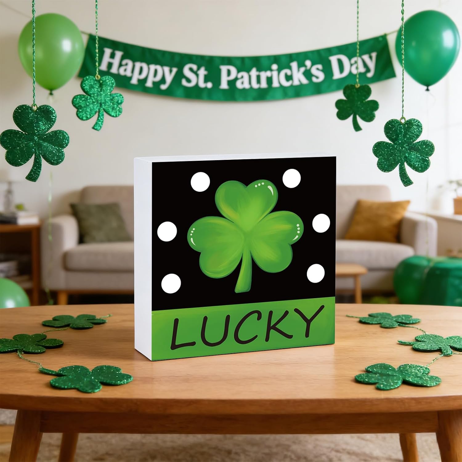 St Patricks Day Decorations St Patricks Day Decor Indoor Table Shamrock Lucky Rustic Home Room Office Bathroom Wood Box Sign Wooden Shelf Desk Decor Season Sign House Warming Gifts 5.9 x 5.9 Inch