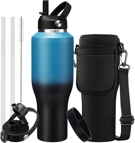 Miniatura 34 de Botella de agua de 32/40 onzas con estuche de transporte, botella aislada de acero inoxidable con tapa y pajita, taza térmica al vacío de doble