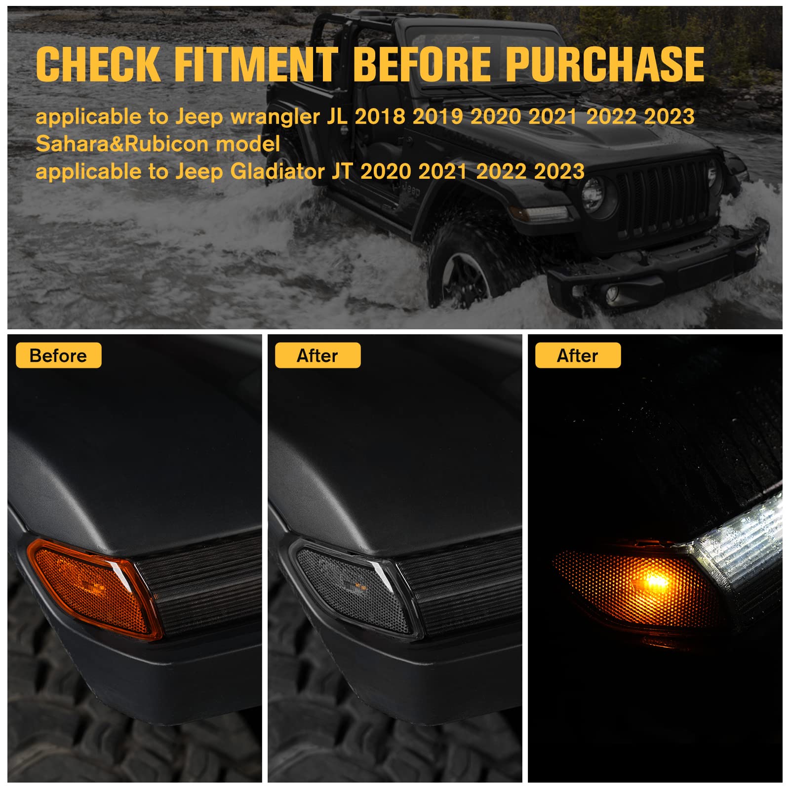LitMiRaCle LED Side Marker Light for Jeep Wrangler JL & Gladiator JT 2018 2019 2020 2021 2022 2023 2024, Smoke Lens Amber Fender Flares Light Accessories Plug & Play