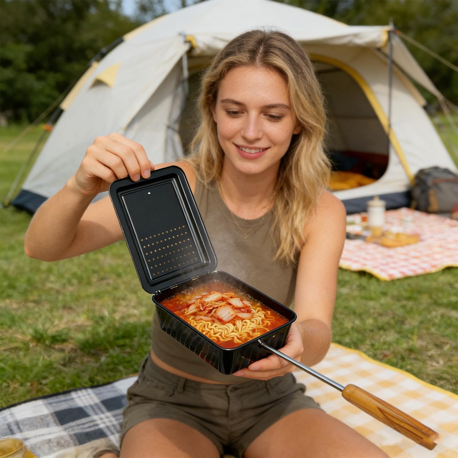 Camping-Popcornzubereiter Antihaftbeschichtetes Klappkochgeschirr | Tragbarer Popcorn-Maker mit langem Griff Für Picknick, Wandern, Reisen, Kochen, Outdoor-Grillen, Barbecue Und Nudeln