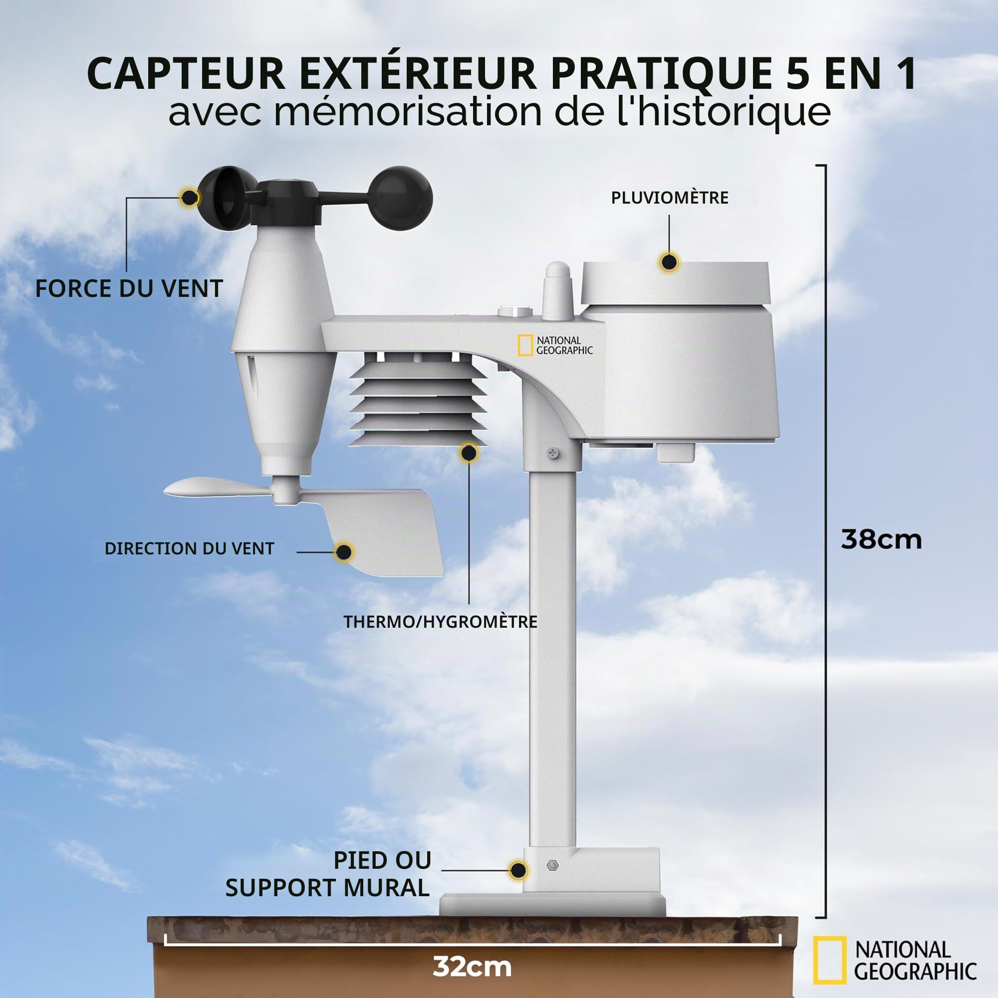 National Geographic Station Météo Couleur Sans Fil Avec Capteur Extérieur 5 En 1 De Température/Humidité De L’air/Pression Atmosphérique/Anémomètre/Pluviomètre, Noir,