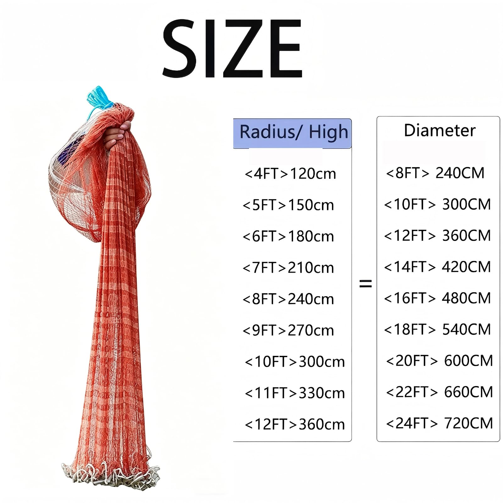 Lawaia Filet De PêChe 2.4m-7.2m, Mailles de 1,2 cm, Épervier de pêche en mer Fait à la Main, très résistant, avec véritables Pendentif de Fabrication de Plomb, Fishing Net, Cast Net
