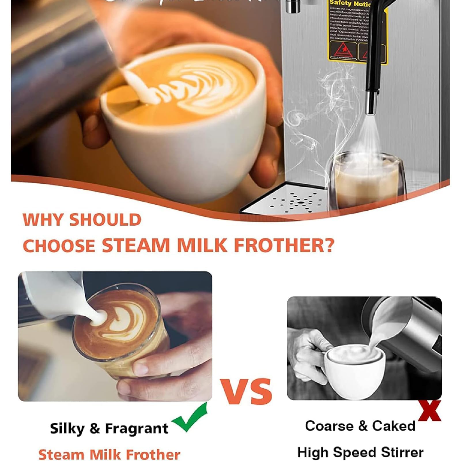 Espumador de leche, máquina de espuma de café comercial de acero inoxidable con función de memoria - 1450 W, control de temperatura para té de burbujas, té de leche
