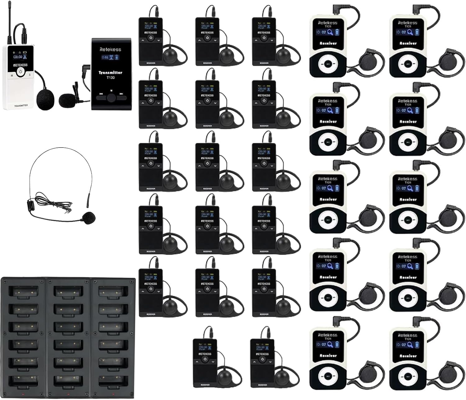 Retekess T130 Wireless Tour Guide System, 99 channels, Retekess TT116 Tour Guide Microphone and Speaker, 200m/656ft, Whisper Systems with 18-Port Charger for Factory(2 Transmitter 27 Receivers)