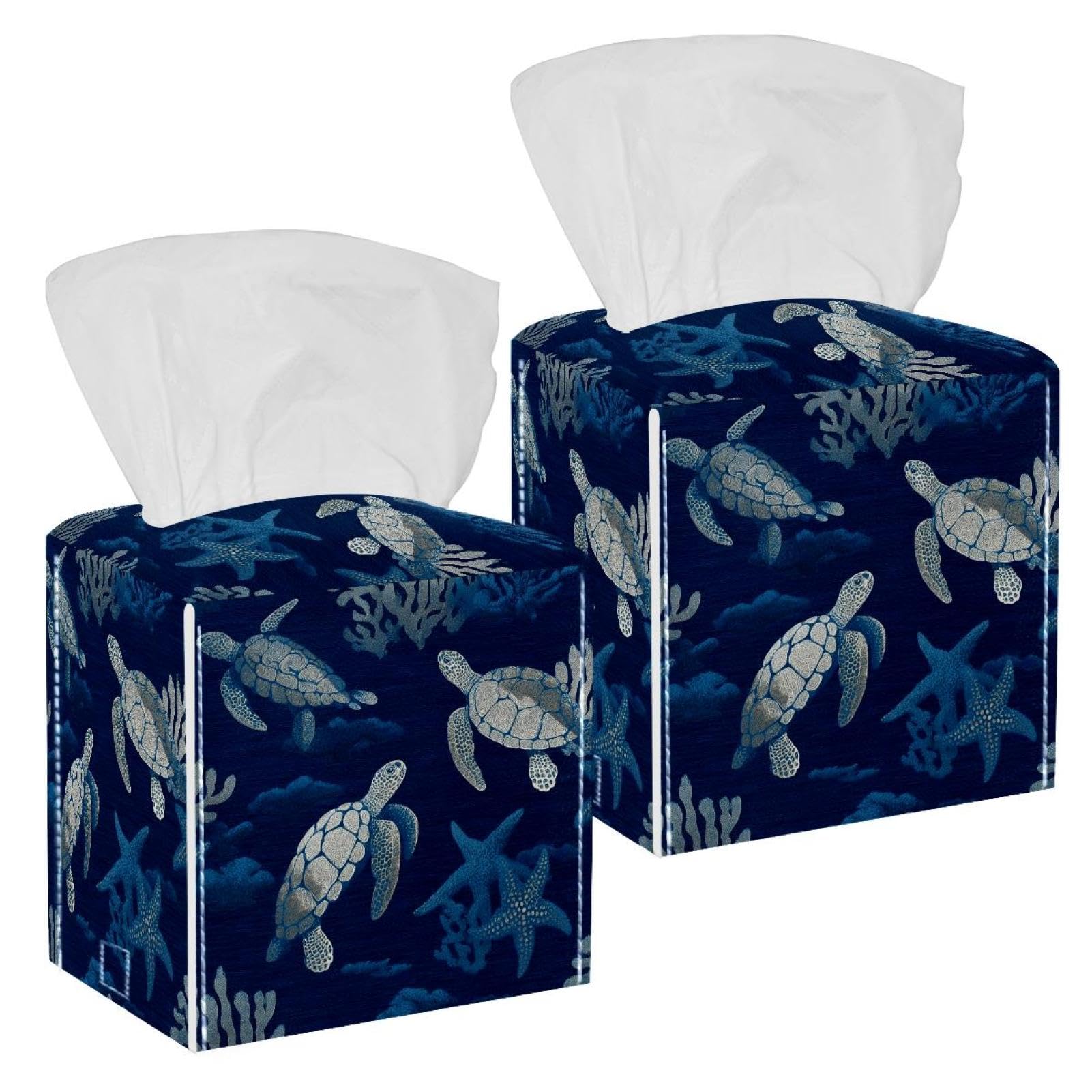 Turtles Tissue Box Cover, 2 Pack PU Leather Square Facial Tissue Dispenser Box holder for Home Office Car