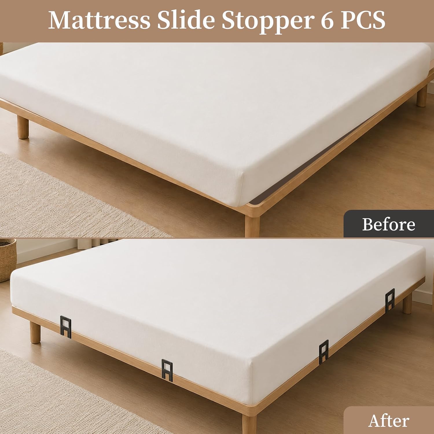 6 PCS Mattress Slide Stopper, Adjustable Anti-Slip Gripper for Metal Bed Frame, Heavy Duty Mattress Retainer, Black, Bed Hardware Accessories