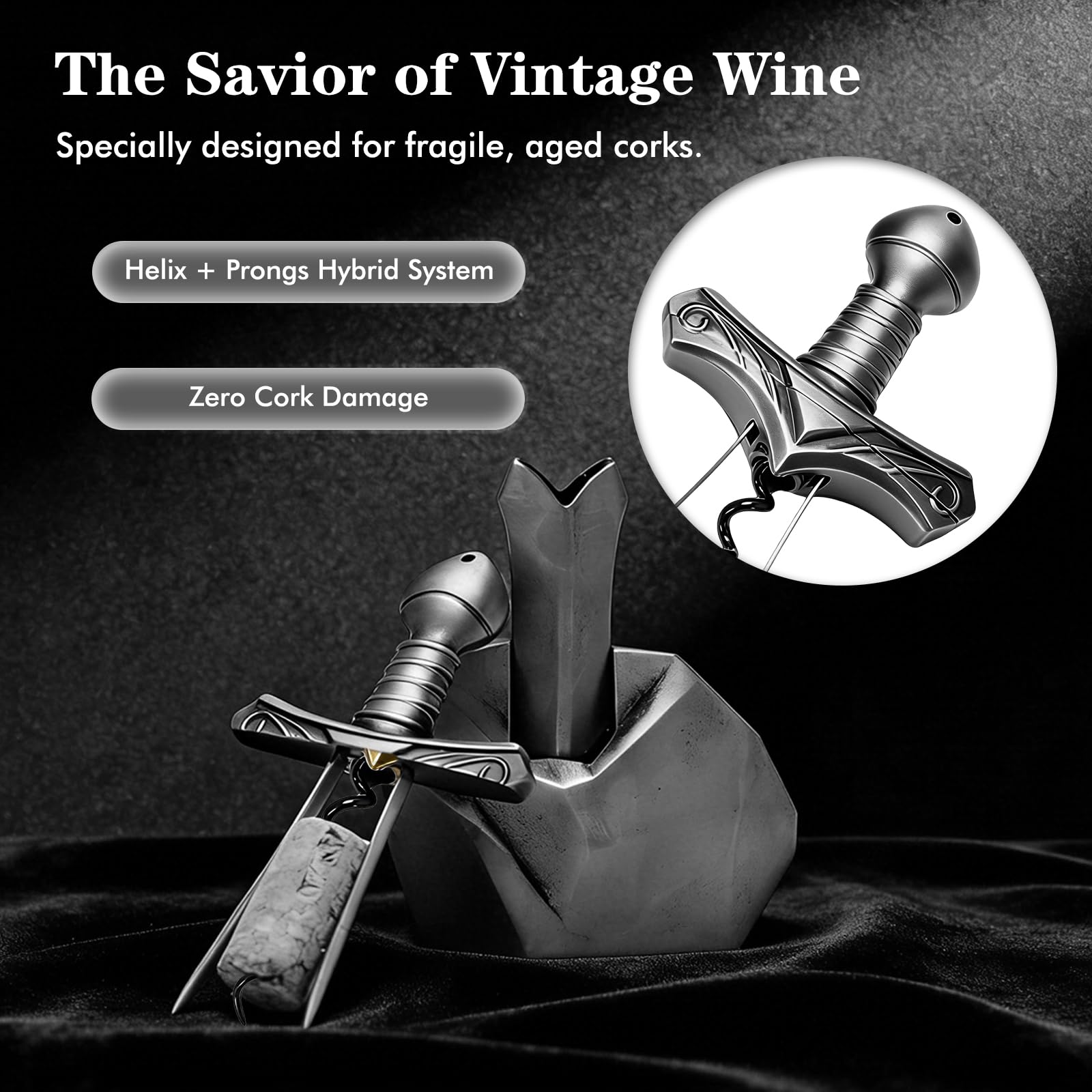 Set apribottiglie design a spada, supporto robusto, delicato su vini vintage e vecchi. 3 in 1 con apribottiglie e tappo richiudibile, perfetto regalo vino in confezione regalo