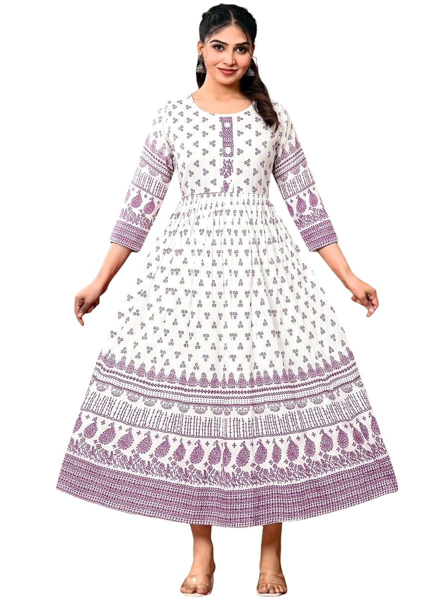 Women's Floral Print Anarkali Kurta Dress, Cotton Blend, V-Neck, 3/4 Sleeve, Flared Silhouette, Ethnic Gown, Casual Wear-image-34