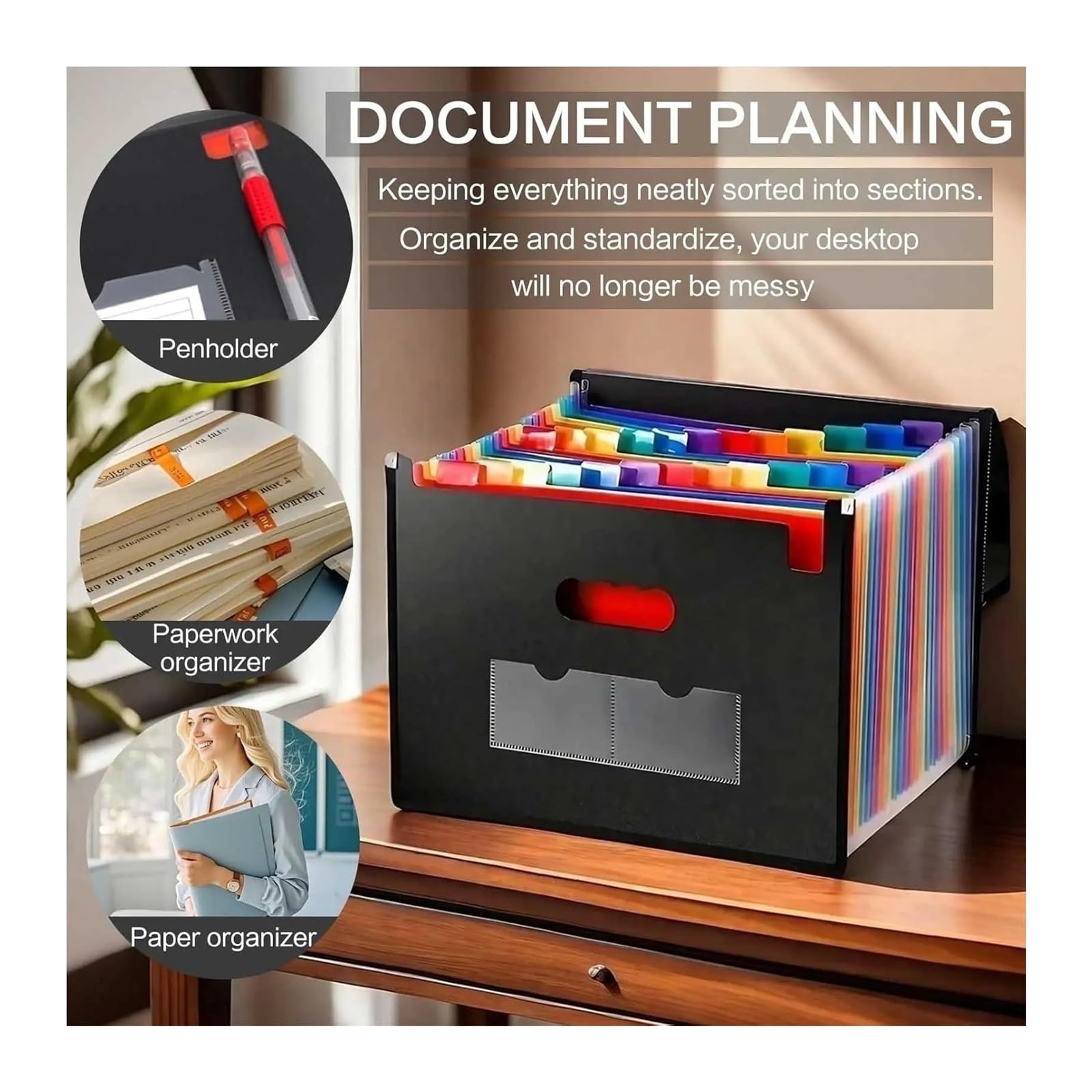 Carpeta expansible, Cajas organizadoras de Documentos Carpeta de Archivos de acordeón Negro Bolsillos expandibles Almacenamiento de Documentos(Black-25 Pockets)