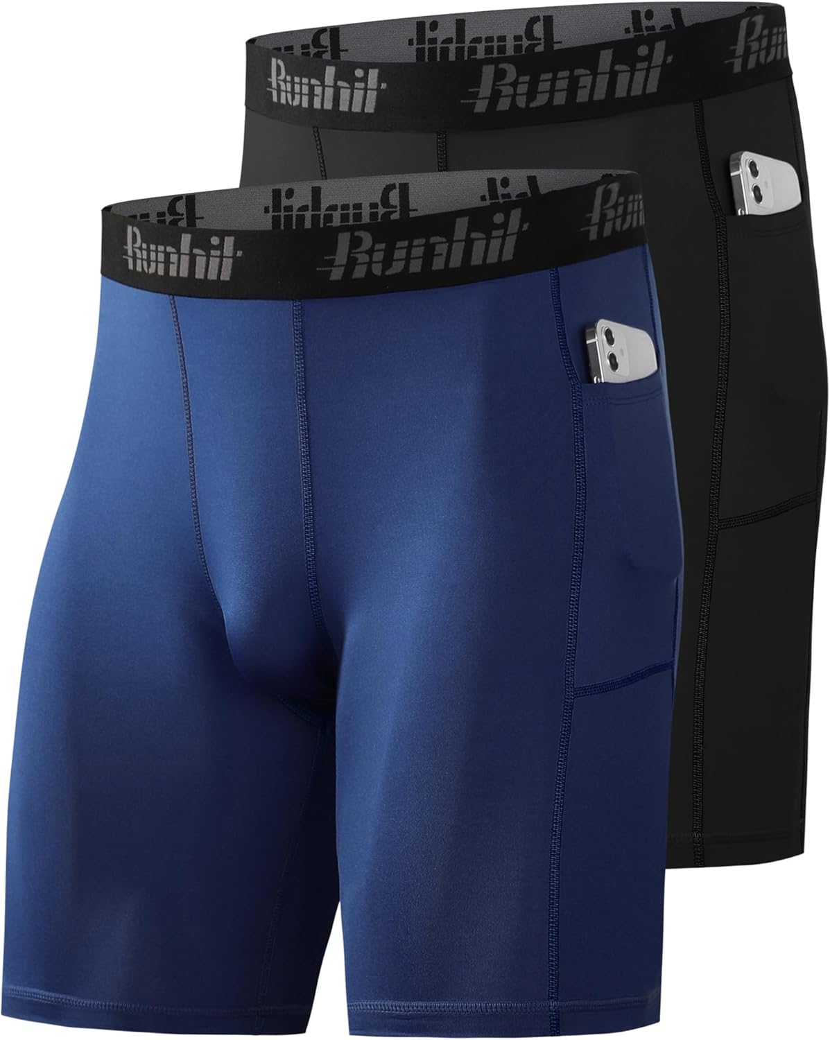 Runhit 2 Pack Mens Compression Shorts with Pocket, Spandex Athletic Workout Shorts, Performance Underwear for Running