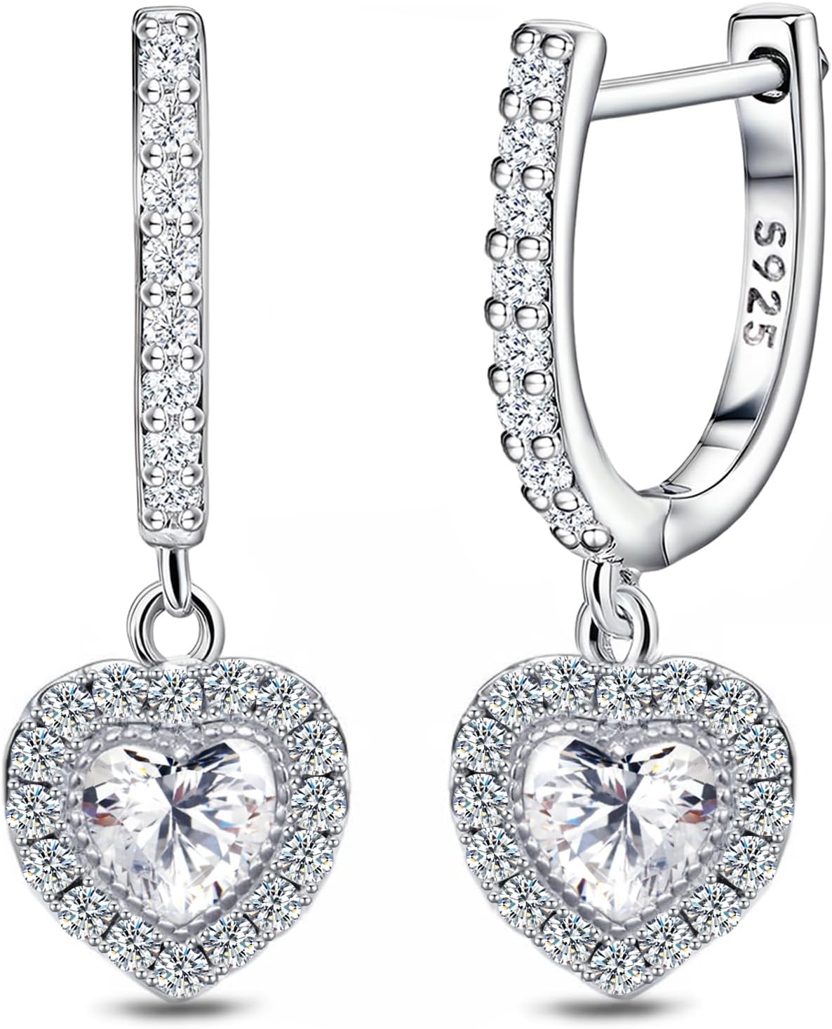 Heart Hoop Earrings for Women Sterling Silver CZ Heart Dangle Hoop Earrings Shinny Delicate Love Huggie Earrings Highly Polished Dainty Minimalist Lightweight Jewelry Gifts for Birthday Party