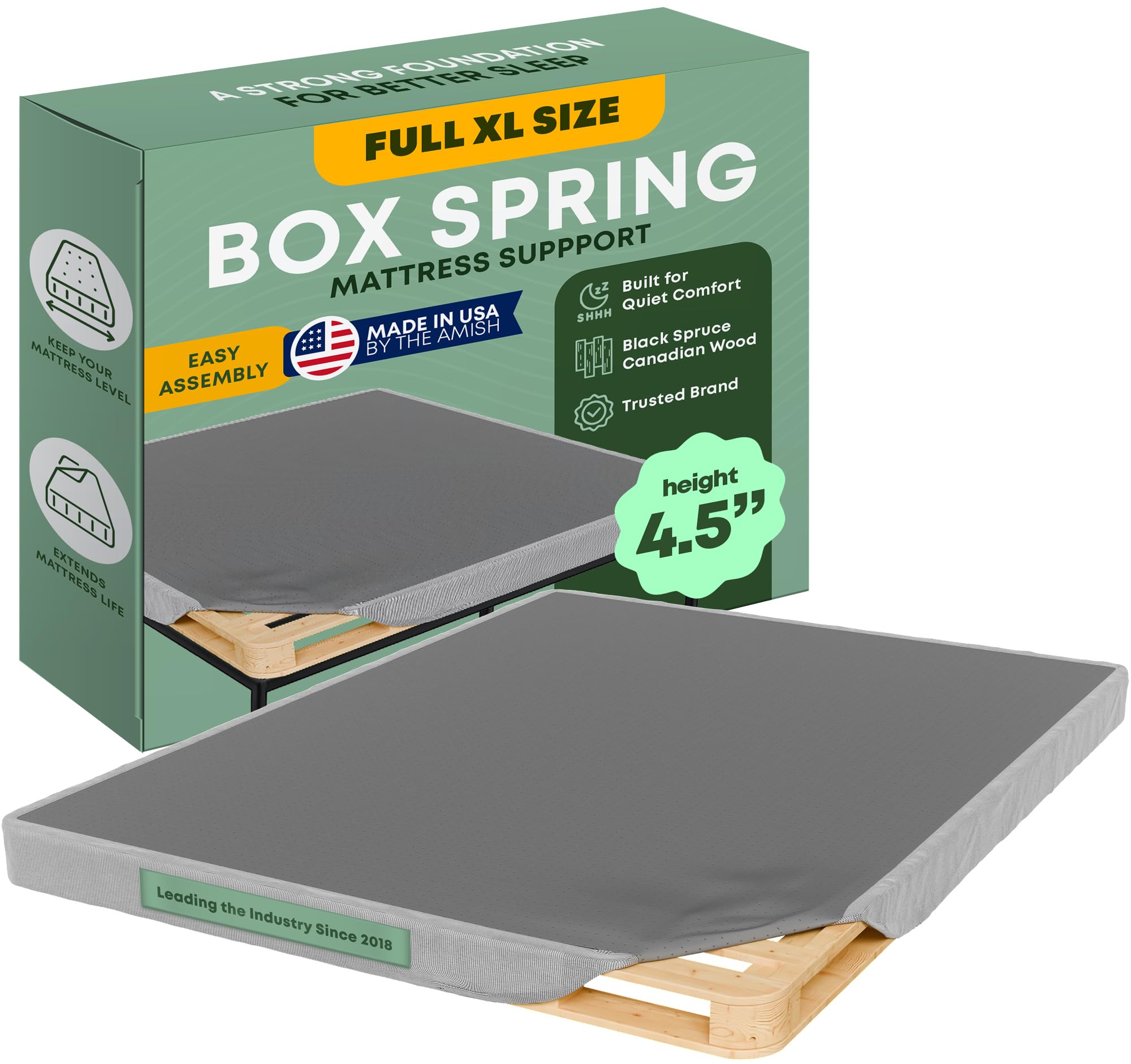 Greaton, 4.5” Full XL Box Spring Only for Full XL Size Bed – Amish-Made in The USA – Solid Wood Mattress Foundation with Stable &amp; Quiet Support – Flat-Packed &amp; Easy Assembly