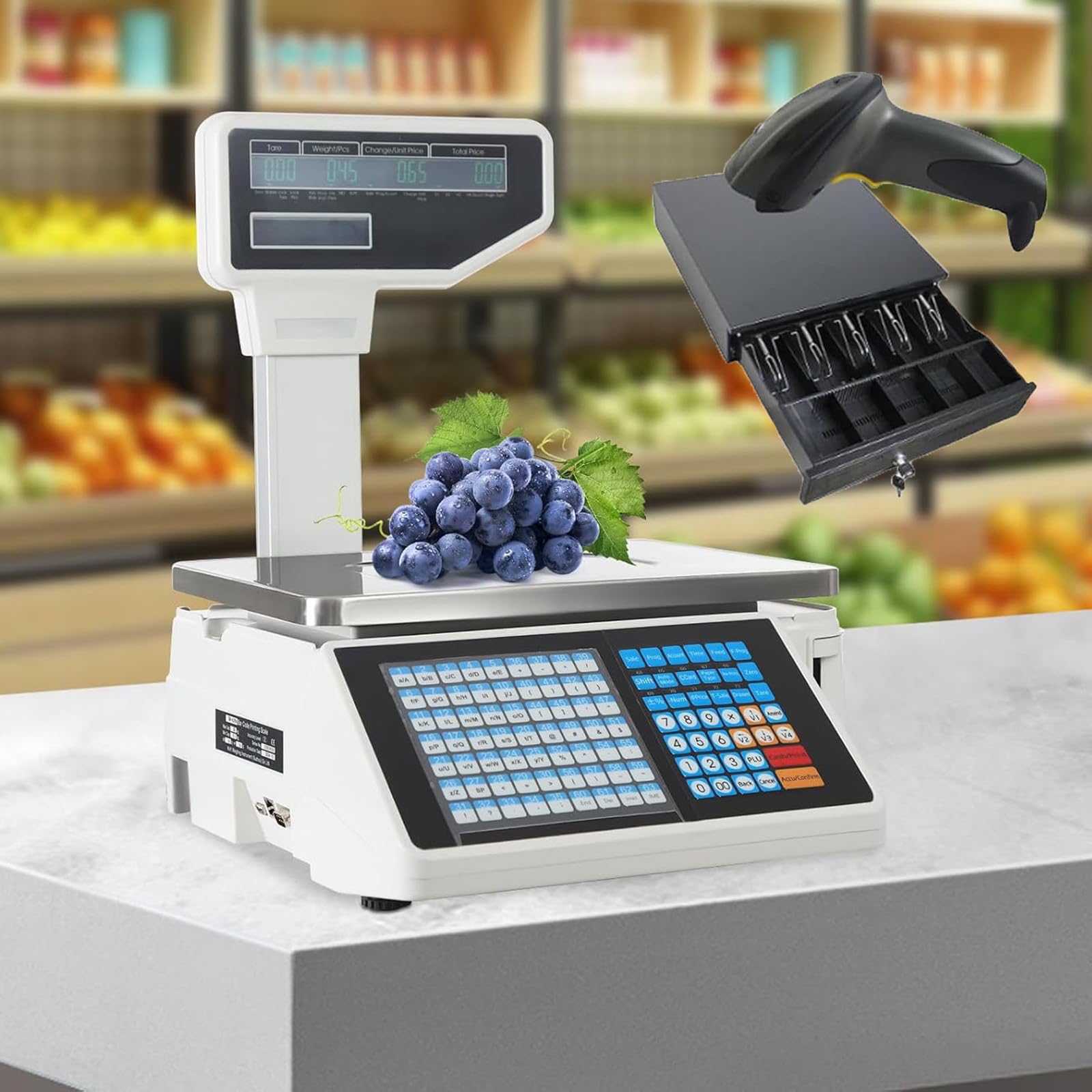ylpddmm Label Printing Scale with Dual TD Thermal Label & Receipt Printer, Electronic Checkout Scale, Commercial Barcode Scale for Food Retail Store Supermarket machine+gun+cashbox