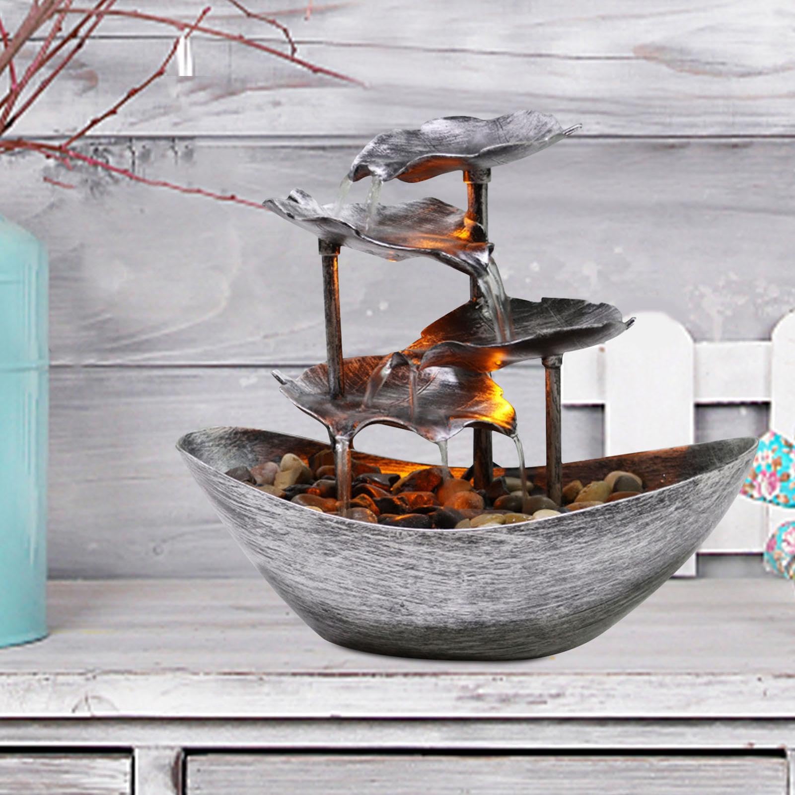 Fuente pequeña de cascada para interiores? Fuente de mesa de 4 niveles | Fuente de escritorio de relajación con bomba automática USB, luces LED, llave, decoración dorada y plateada de 10 pulgadas pa
