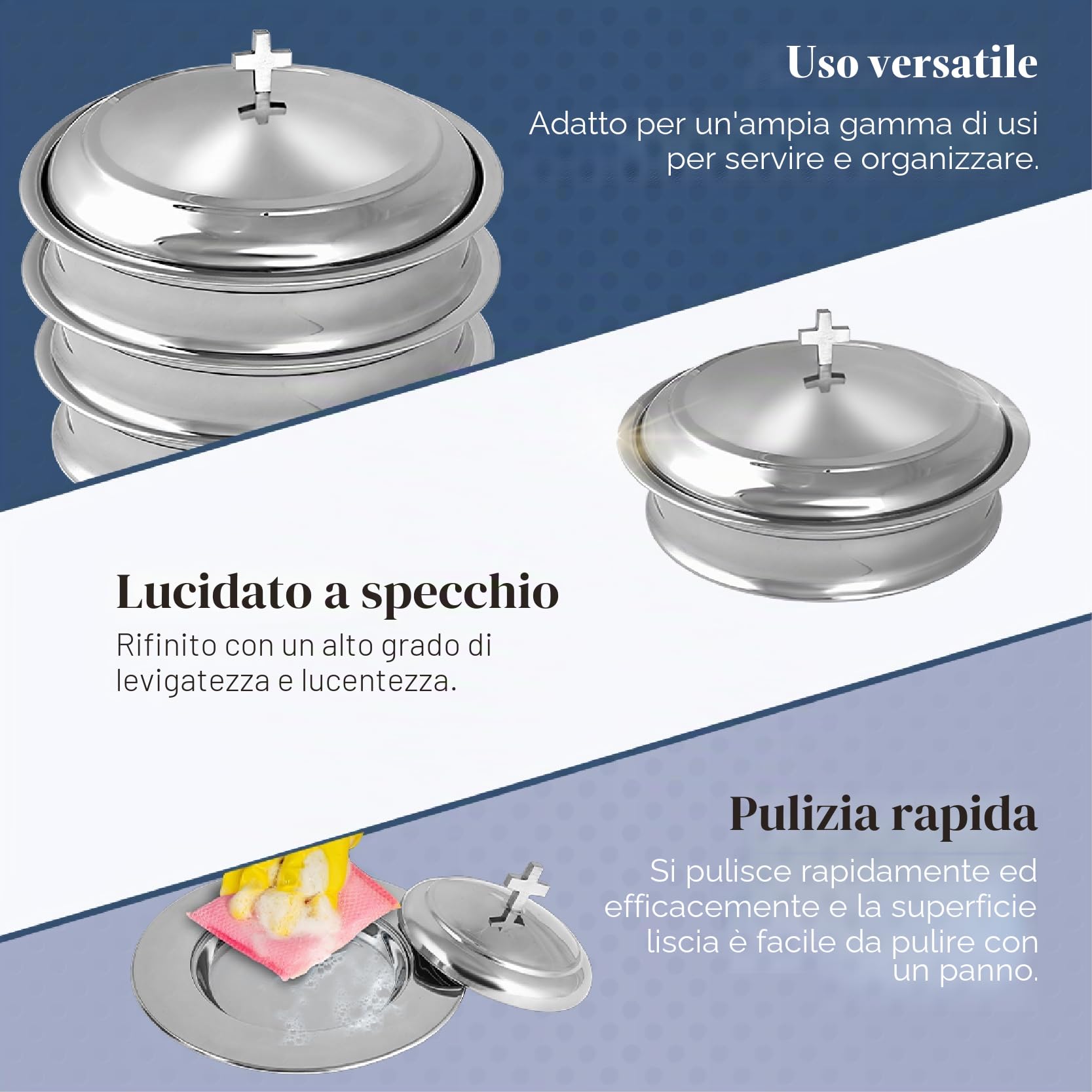 Communion Ware | Vassoio impilabile per comunione con coperchio e 1 piatto da pane con coperchio per chiese, in acciaio inox, finitura lucida (specchio)