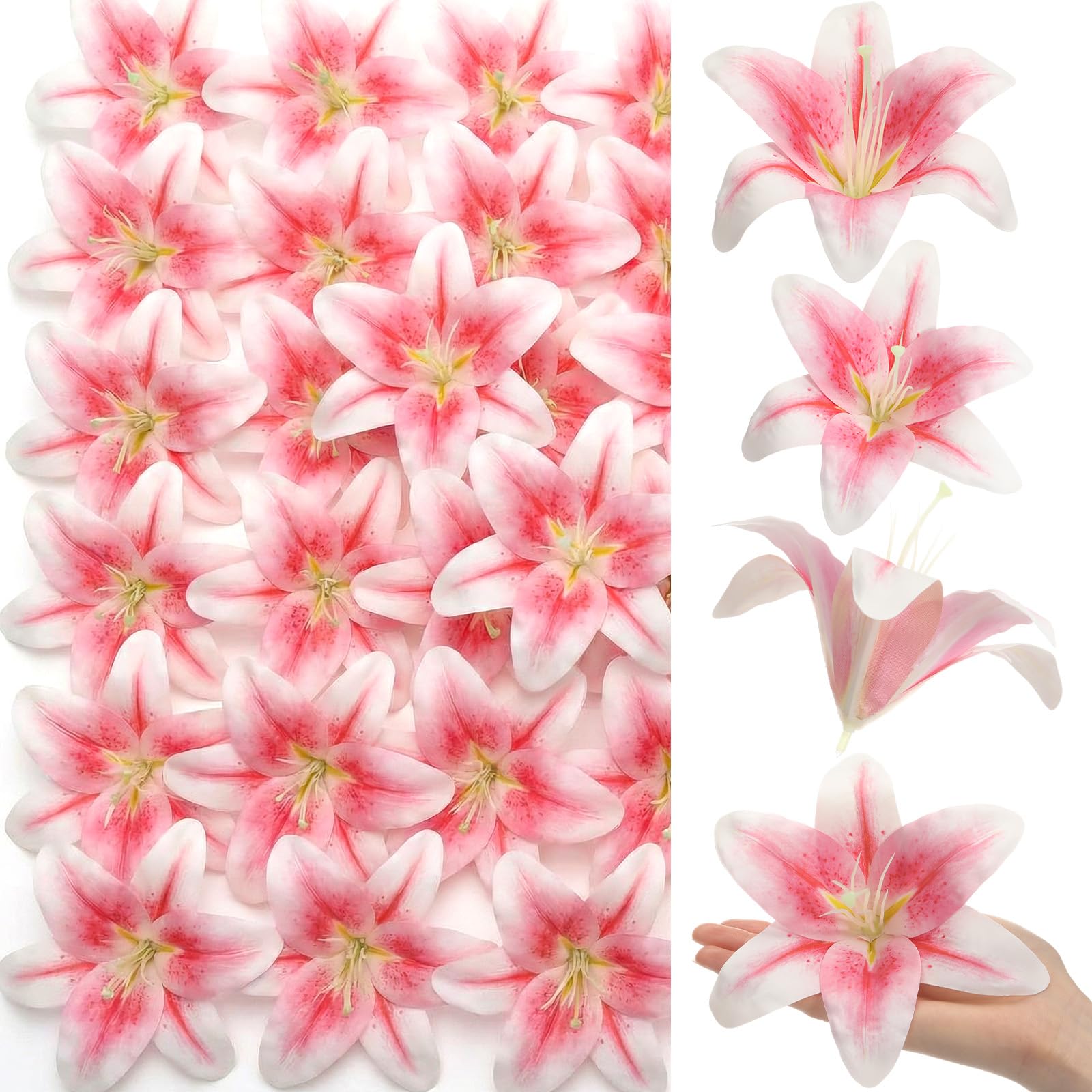 Photo 1 of Suncalla 20 Pack Large Artificial Lilies Flower Heads with Realistic Stamens 5.9" Faux Fake Lily Flower Heads Bulk for DIY Crafts Cake Wedding Bridal Wreaths Table Home Party Decor (Light Pink)