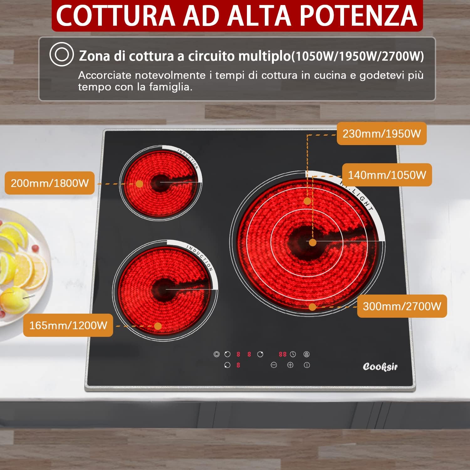 Piano Cottura in Vetroceramica 4 Zone Piano Cottura Elettrico, Touch Control, Piano Cottura da Incasso con Cornice, 9 Livelli di Potenza, 6000W, Timer, Blocco Bambini, Cablato, Vetroceramica Nero