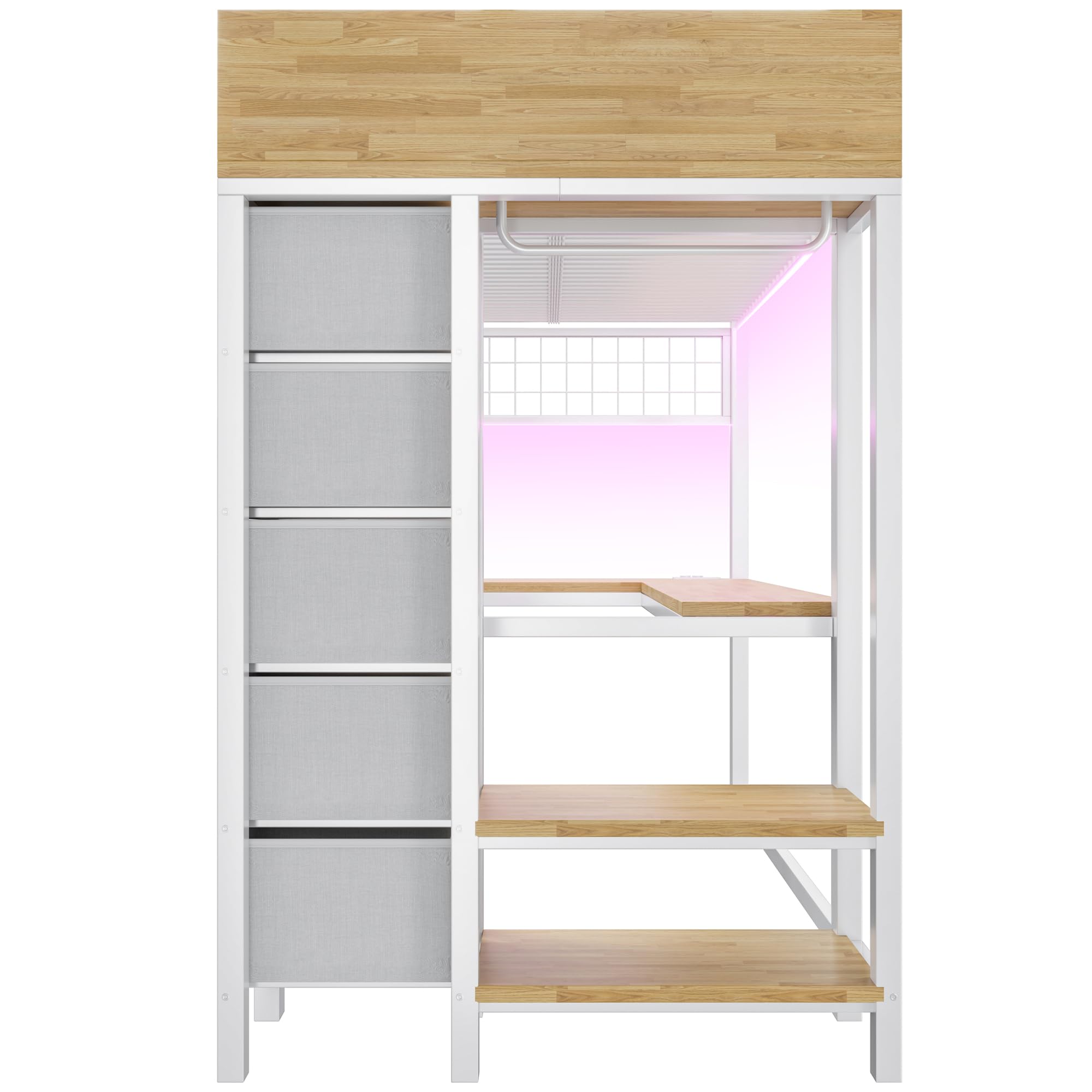 Letto a soppalco in metallo, 90 x 200 cm, scrivania da gioco integrata con prese, 5 cassetti in tessuto, asta appendiabiti, decorazione a griglia, letto da gioco per ragazzi (bianco)