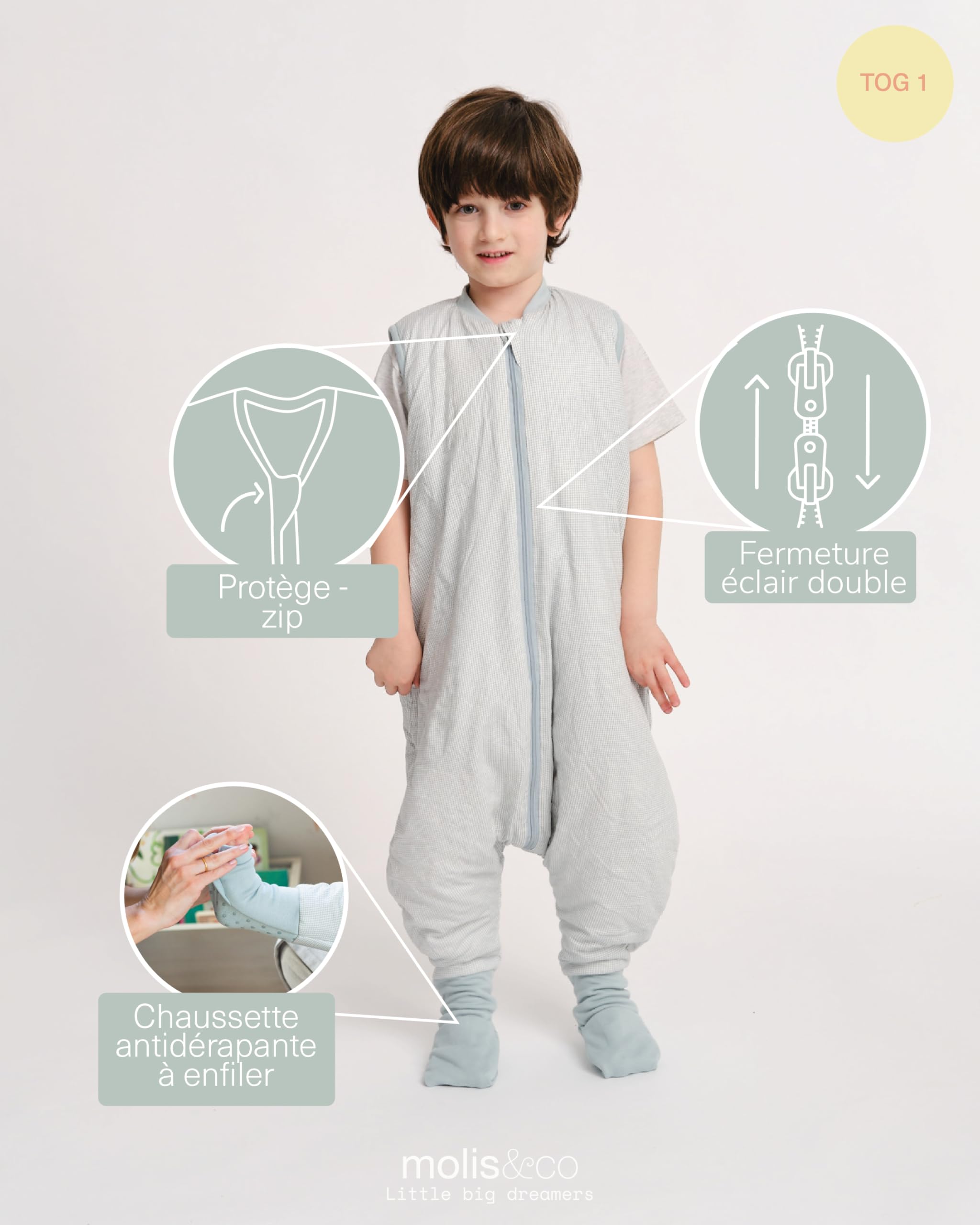 Molis&Co Gigoteuse bébé pieds et chaussettes printemps-automne jambes 1 tog 100% coton Oeko-TEX 100 Lagoon 60 cm