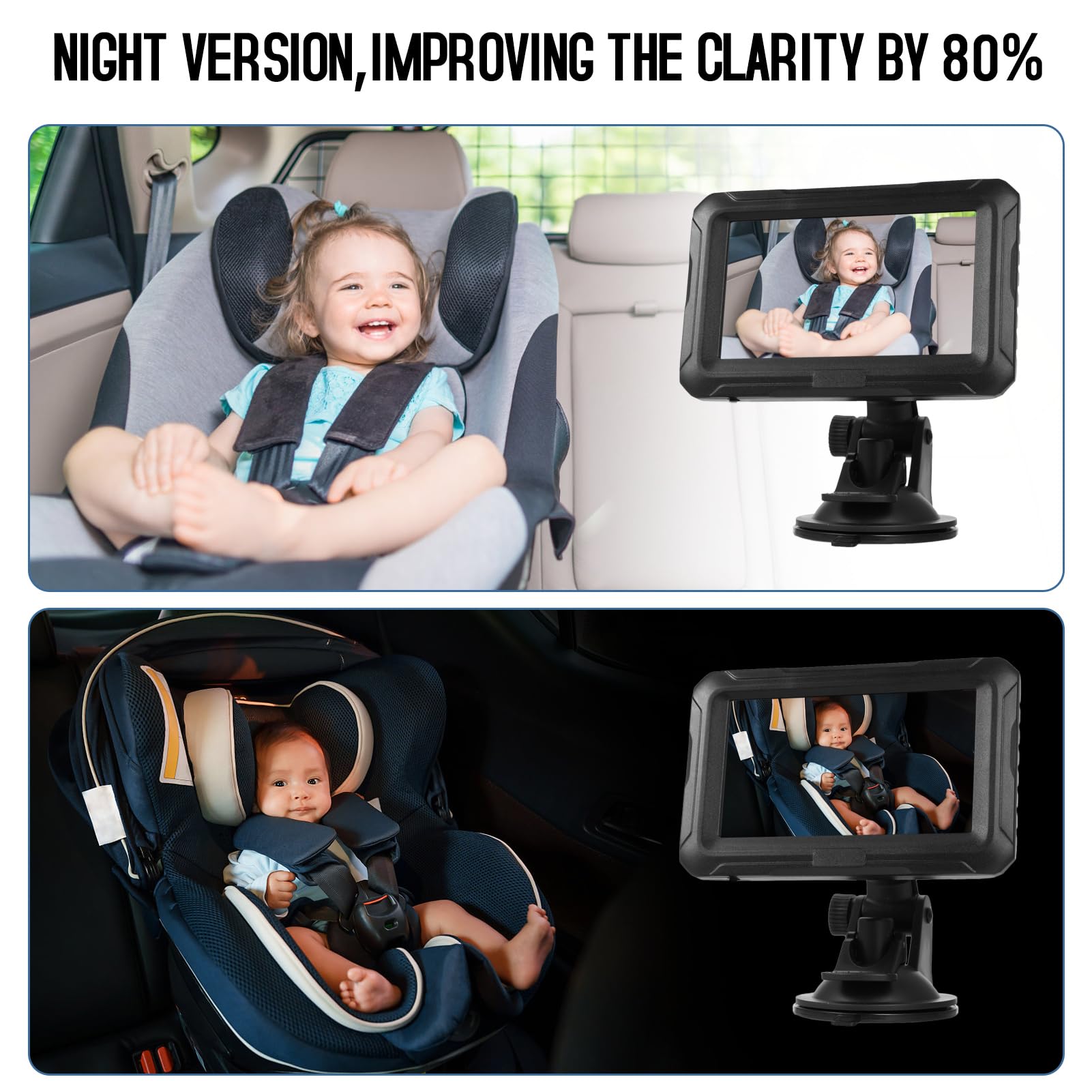 Cámara para Coche de Bebé, Espejo para Coche de Bebé 1080P de 4, 3 Pulgadas con Visión Nocturna, Rotación de 360°, Monitor de Bebé con Ángulo de Visión de 150° para Bebés, Niños (con cable USB)