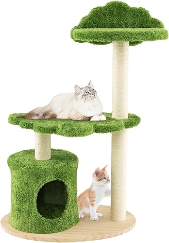 Tangkula Torre de árbol para gatos, torre de madera moderna para gatos de varios niveles con marco de árbol de madera contrachapada maciza, percha