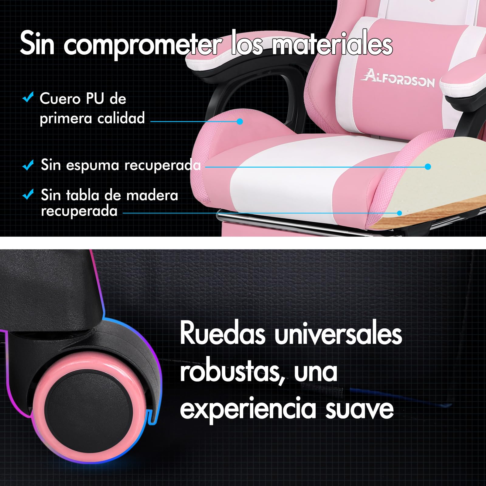 ALFORDSON Silla Gaming con Masaje y LED, Silla Gamer Ergonómica con Cojín Lumbar y Cervical, Reposapiés Telescópico, Iluminación para Ordenador, Videojuego, Juegos, Oficina, Cuero PU(Rosa)