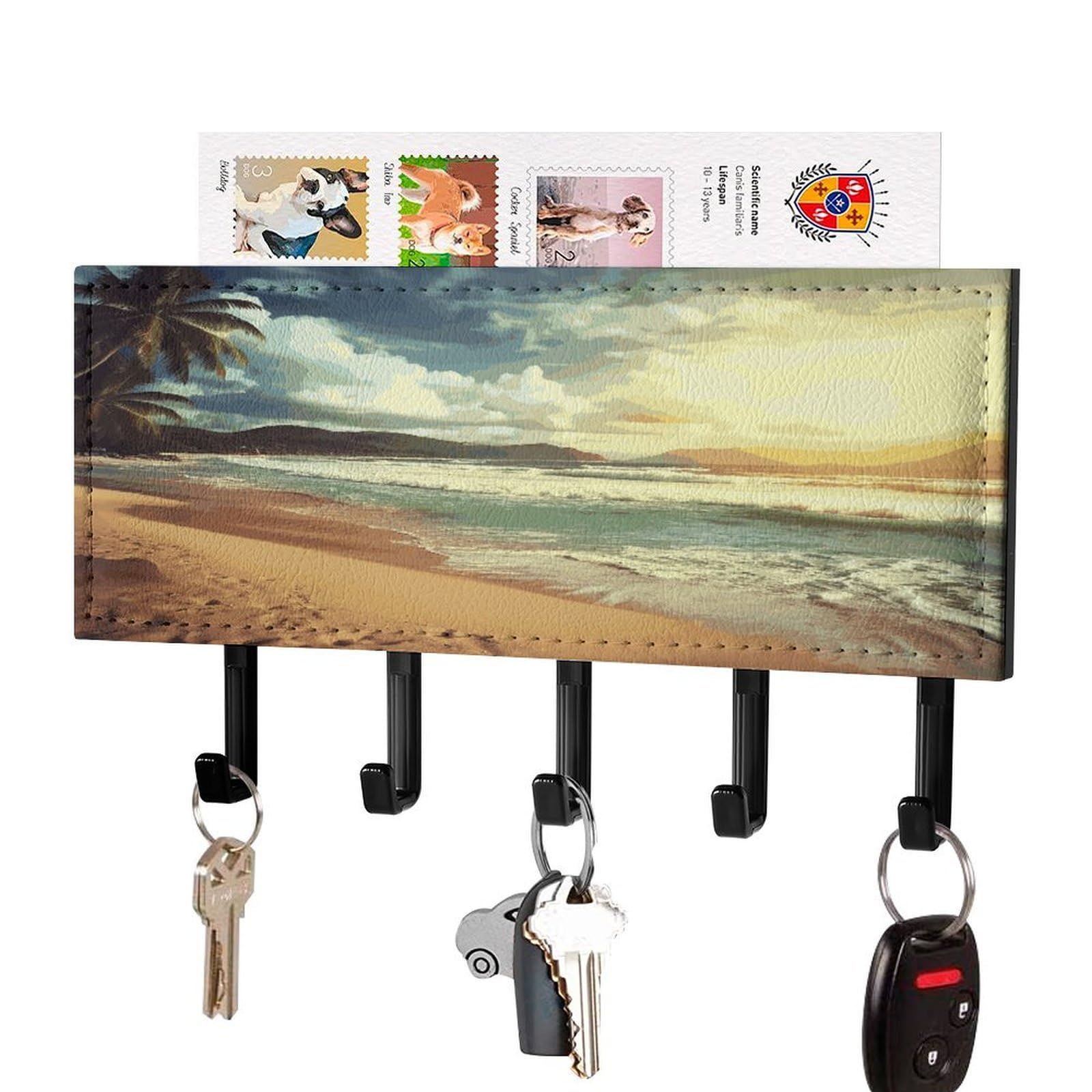 FekiLoot Sunset on The Beach Key Holder for Wall Decorative Mail Organizer with 5 Key Hook Self Adhesive Key Rack with Tray Coat Rack Wall Mount Key Hanger Decor for Entryway Door