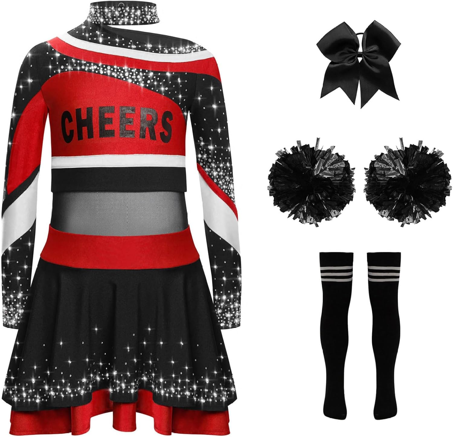 Kids Girls Cheer Leader Uniform Dance Top Skirt Set with Pom Poms Cheerleading Outfit Halloween Cheer Up Red Black 16 Years