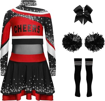 Kids Girls Cheer Leader Uniform Dance Top Skirt Set with Pom Poms Cheerleading Outfit Halloween Cheer Up Red Black 10 Years