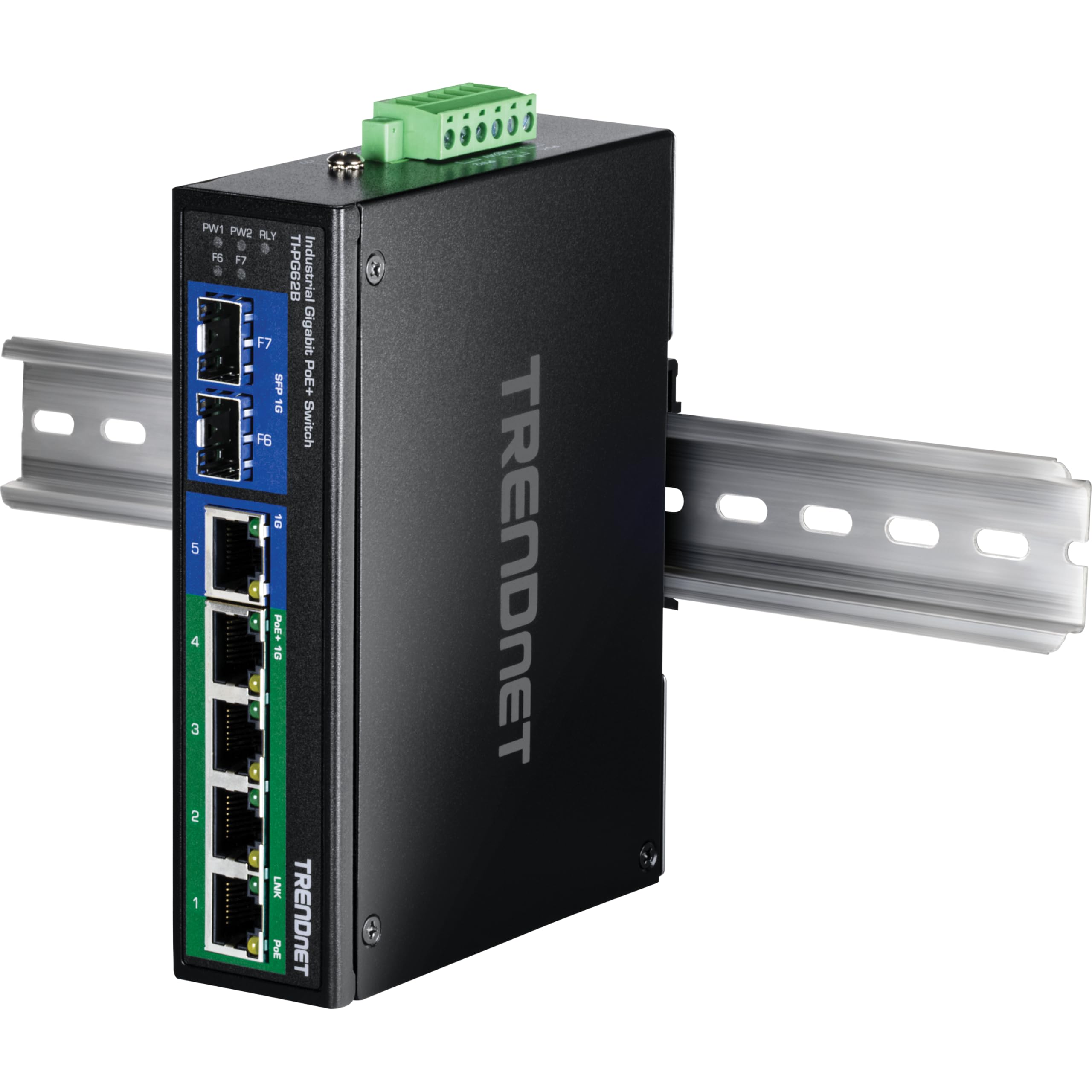 TRENDnet, TI-PG62B, Switch DIN-Rail PoE+ Gigabit Industrial de 6 Puertos, de 12 a 56 V, Carcasa con clasificación IP30, Negro