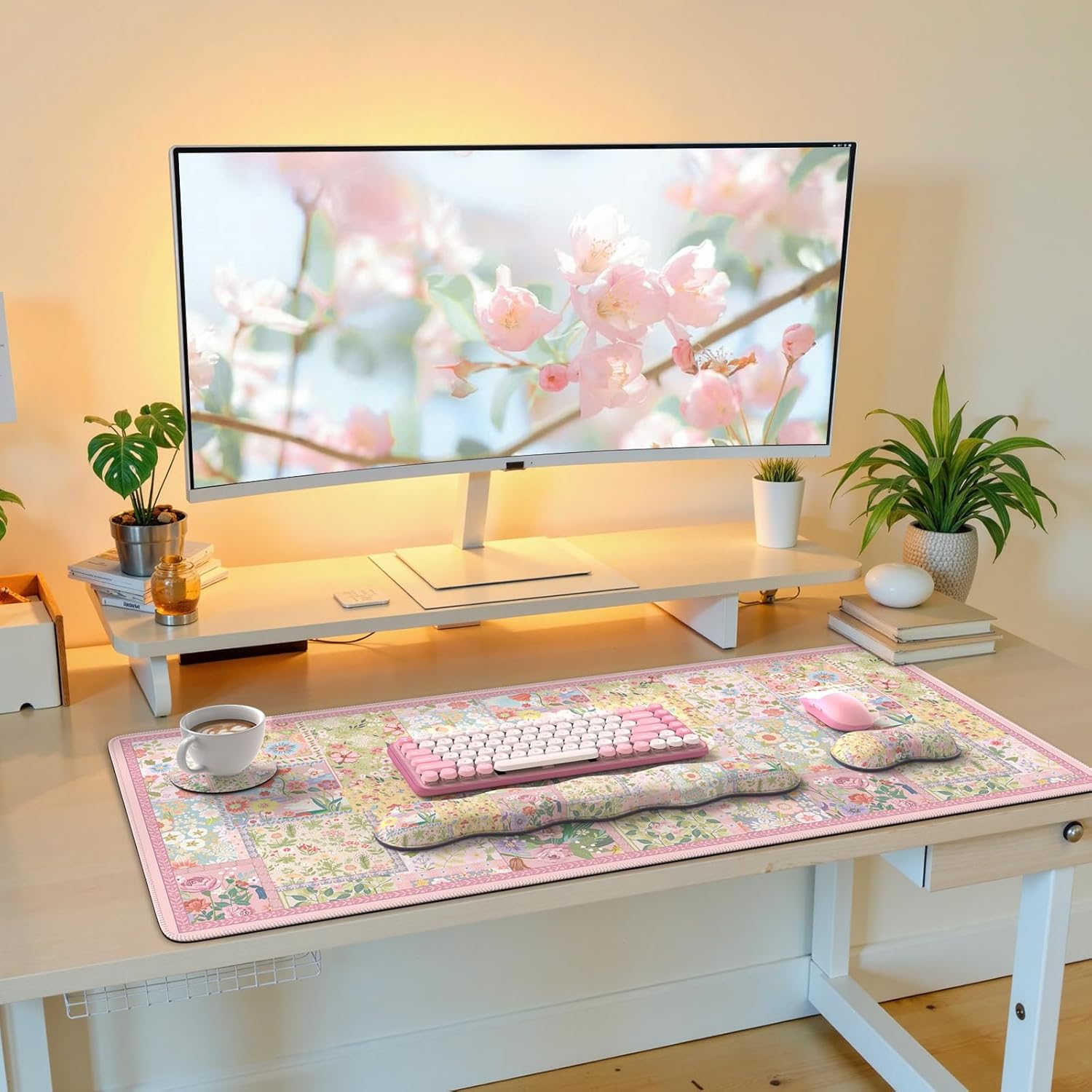iLeadon Cute Floral Desk Mat Set, Non Slip Mouse Pad with Wrist Support, Wrist Pad for Keyboard, Desk Mat with Wrist Rest, Ergonomic Mouse Pad Set for Women Home Office (Pink)
